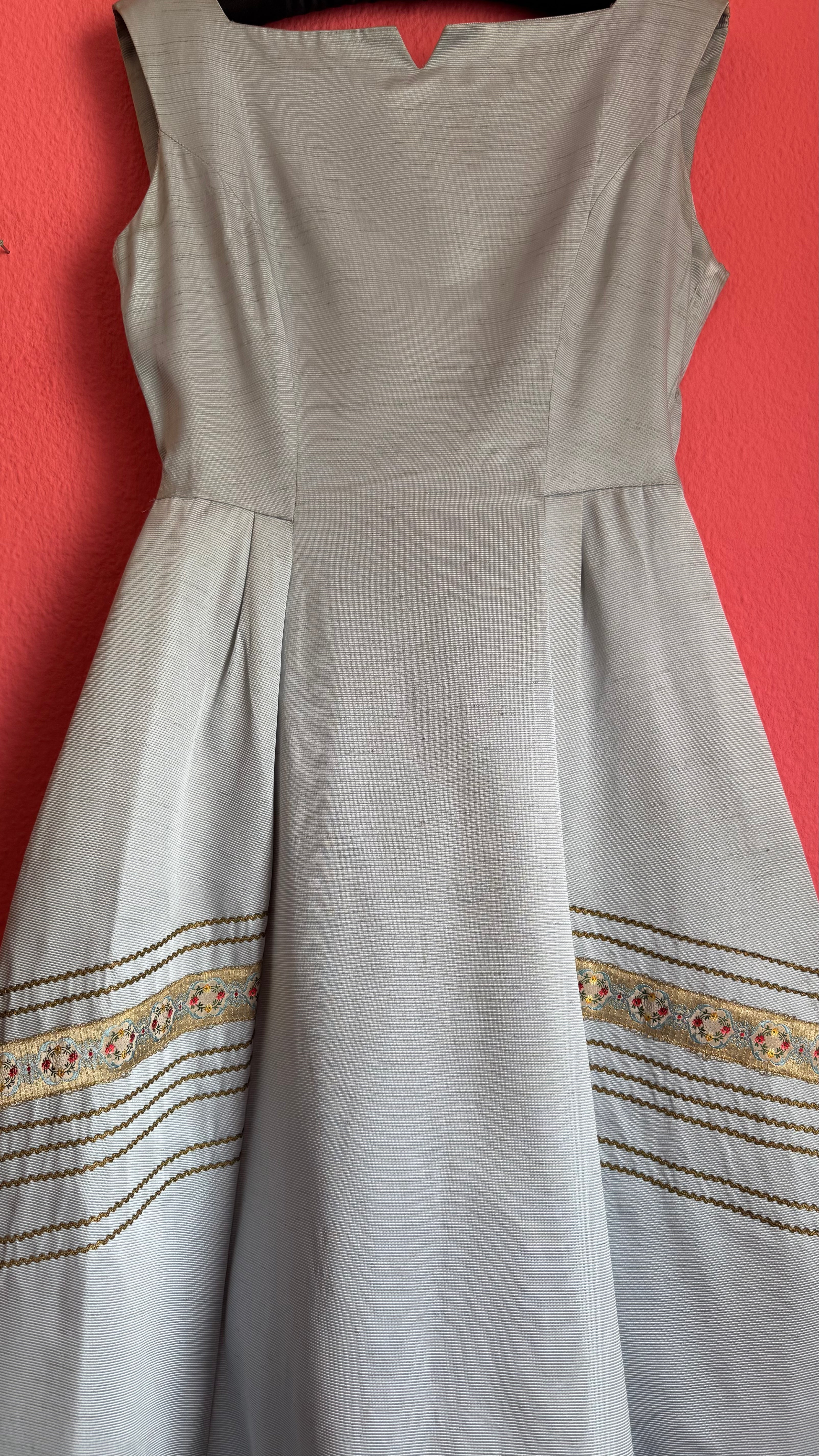 Vintage 1950s Silver Grey Silk Rep Dress with Gold Lurex Trim