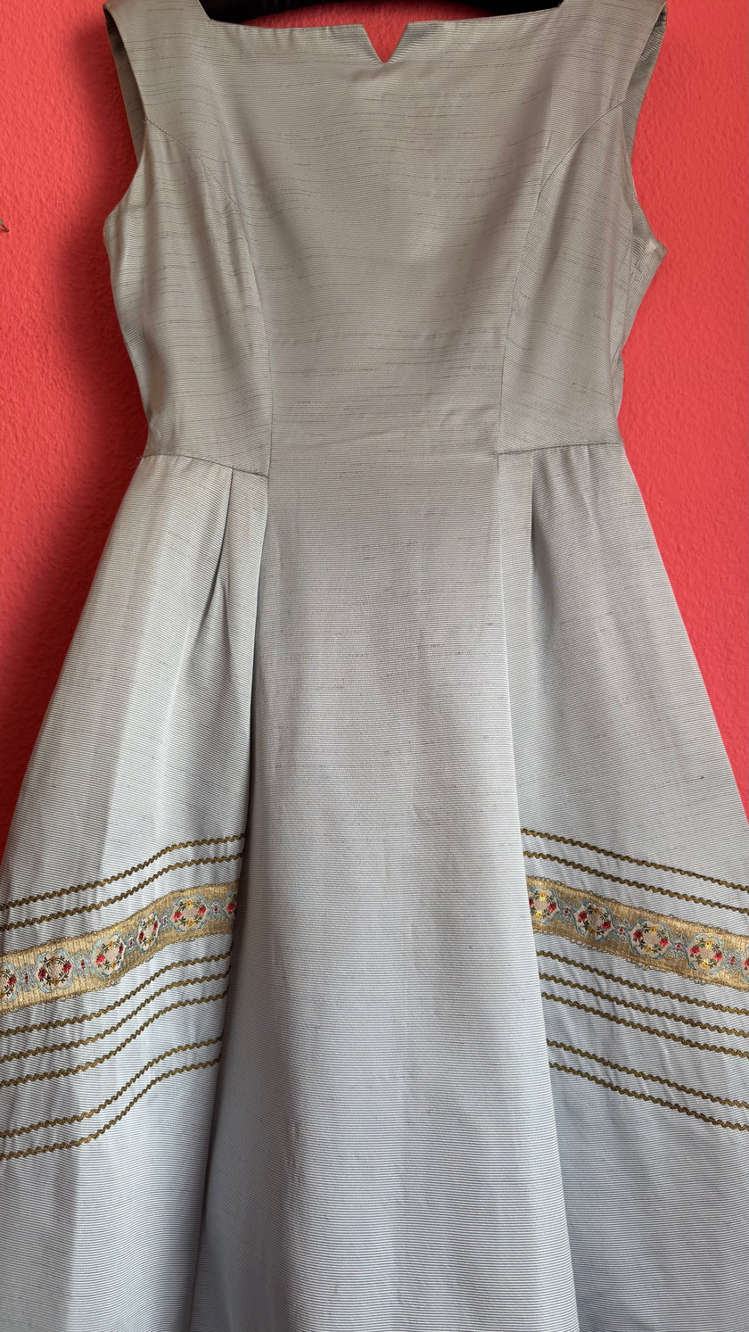 Vintage 1950s Silver Grey Silk Rep Dress with Gold Lurex Trim