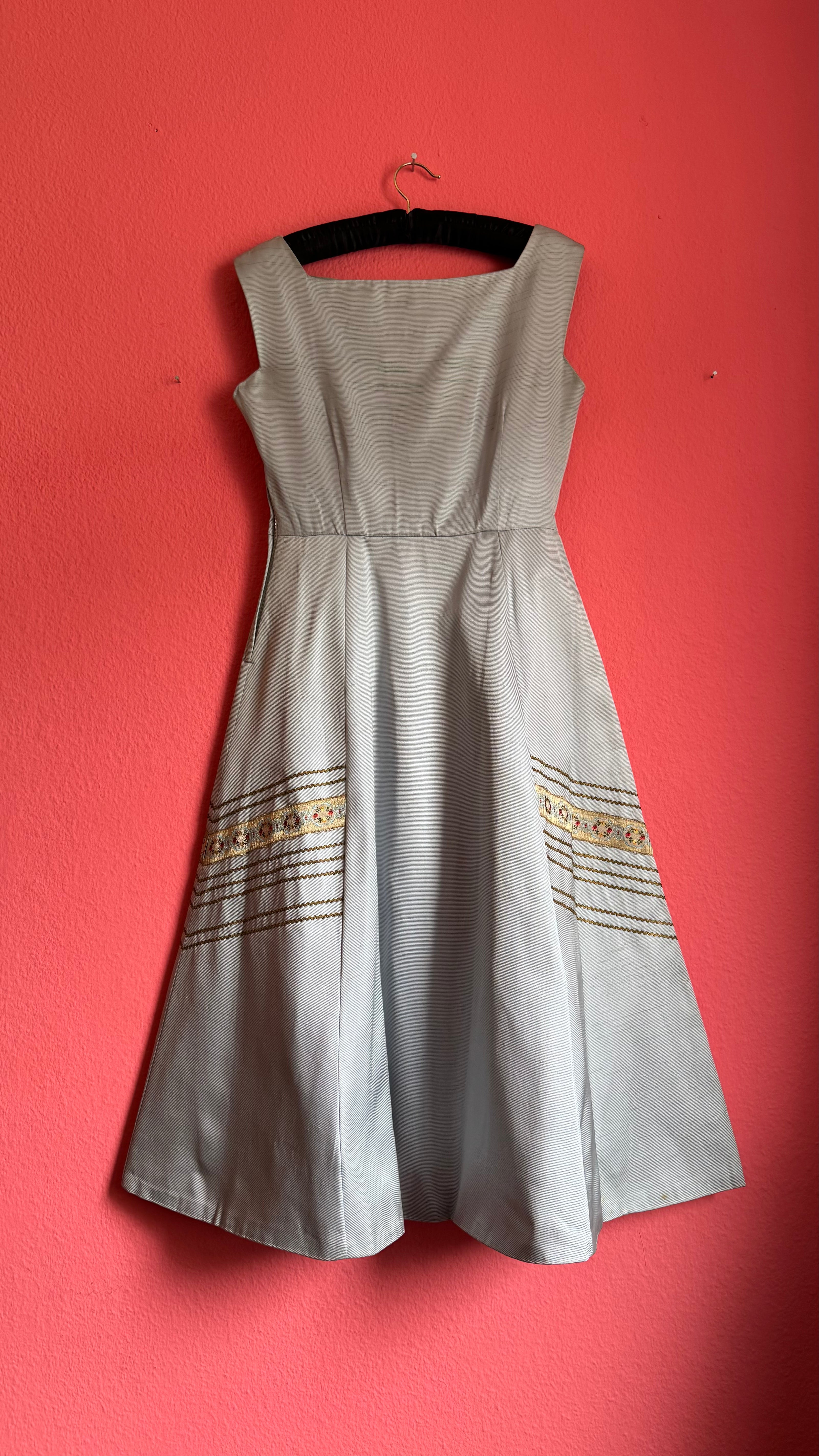 Vintage 1950s Silver Grey Silk Rep Dress with Gold Lurex Trim