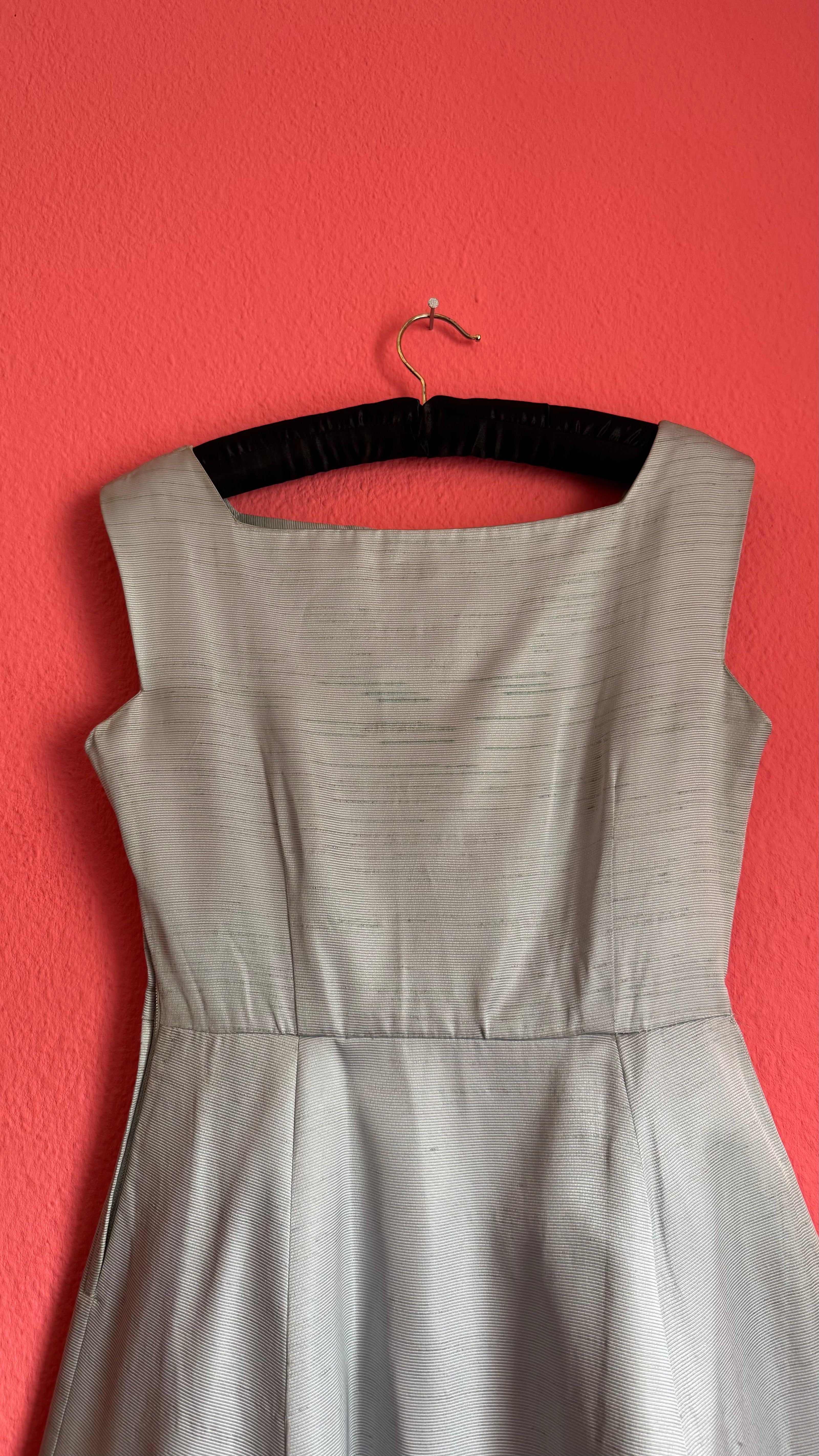 Vintage 1950s Silver Grey Silk Rep Dress with Gold Lurex Trim