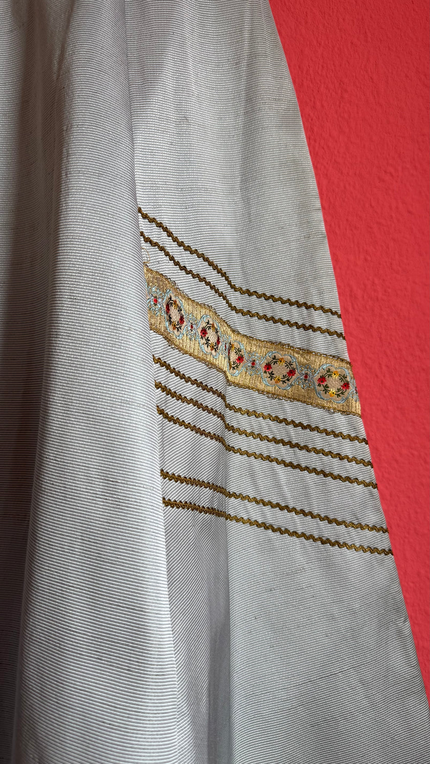 Vintage 1950s Silver Grey Silk Rep Dress with Gold Lurex Trim