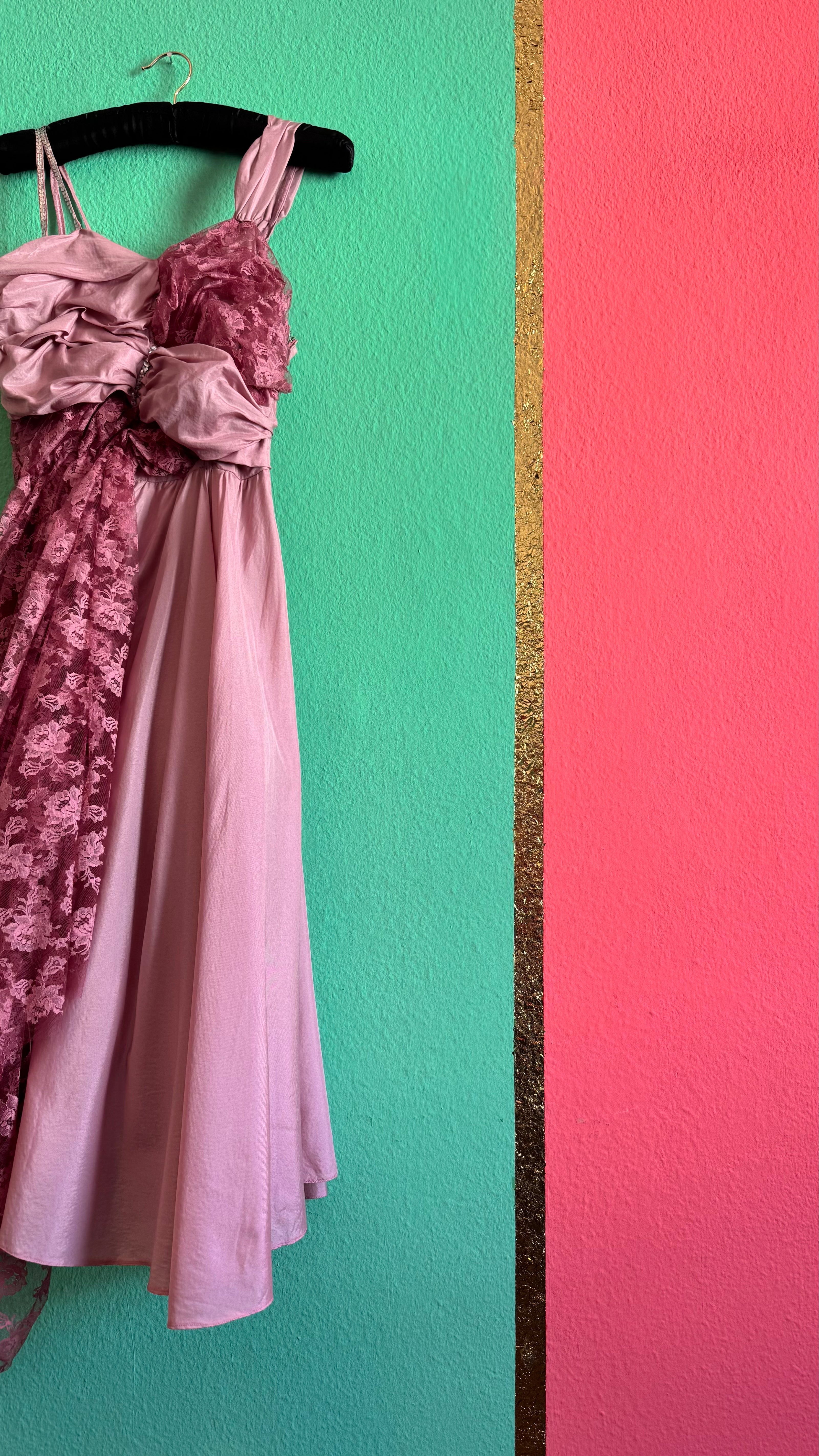 Vintage 1960s Dusty Rose Silk Taffeta & Sheer Lace Dress