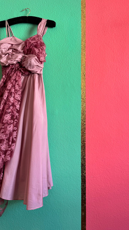 Vintage 1960s Dusty Rose Silk Taffeta & Sheer Lace Dress