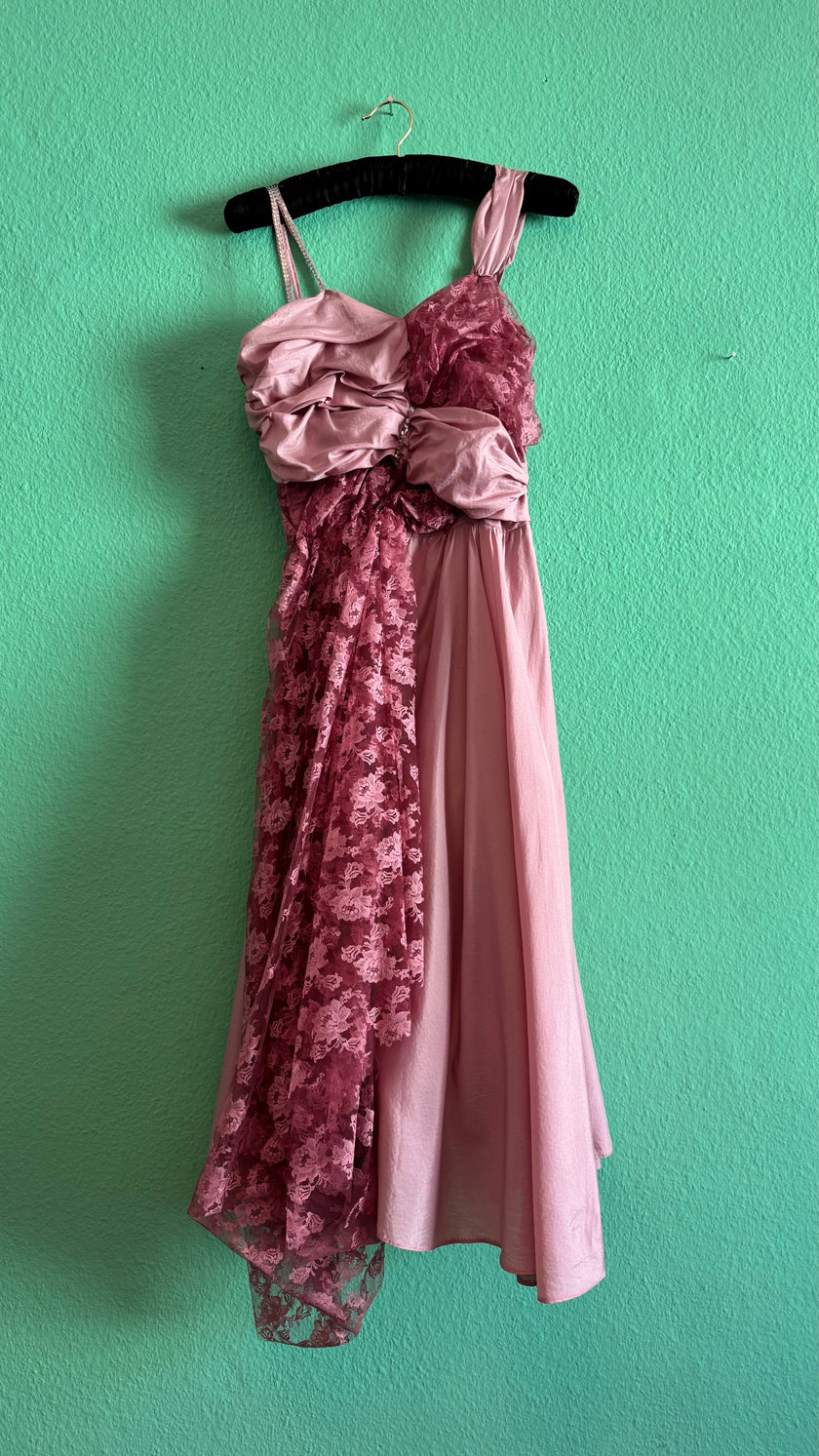 Vintage 1960s Dusty Rose Silk Taffeta & Sheer Lace Dress