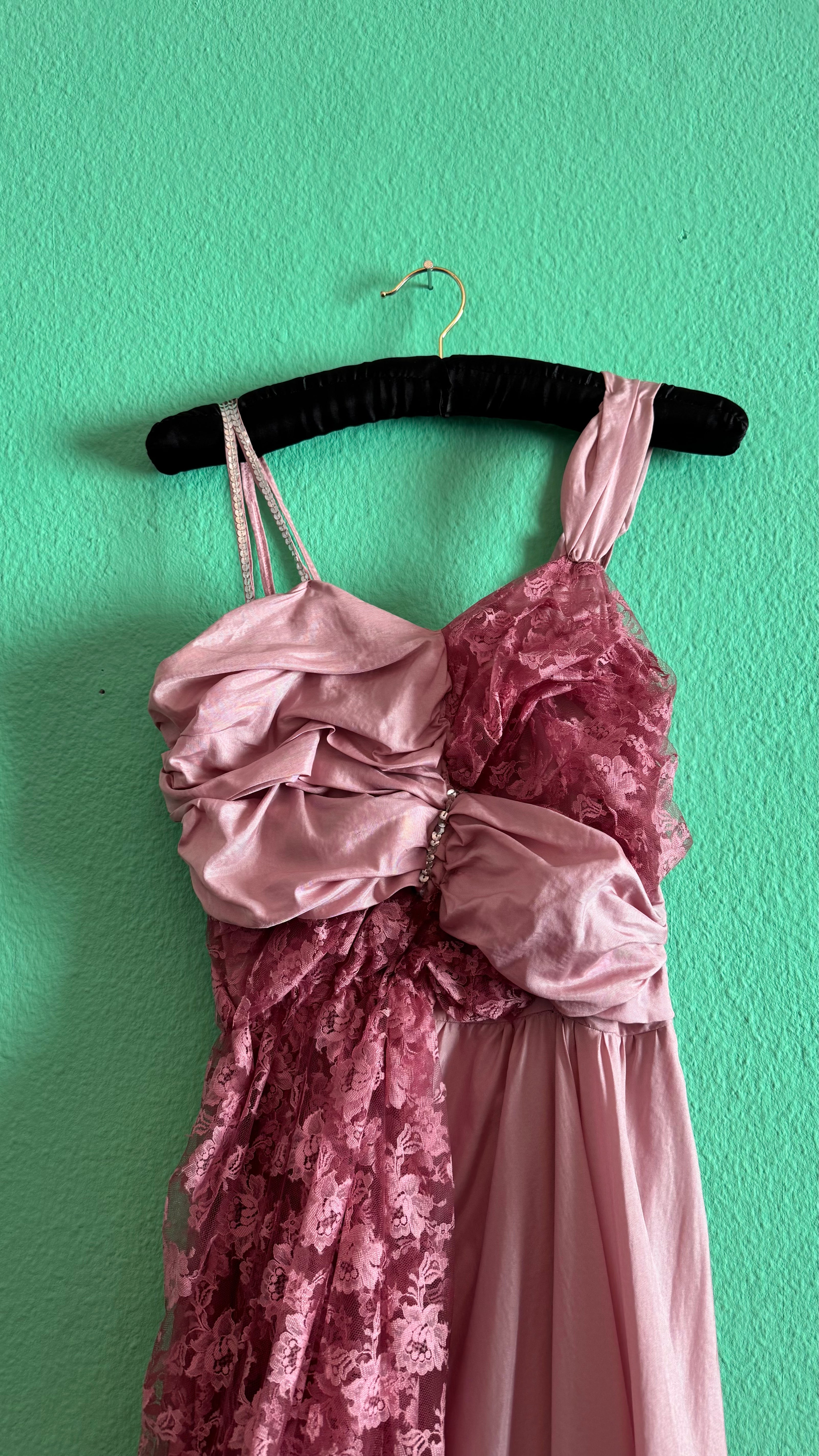 Vintage 1960s Dusty Rose Silk Taffeta & Sheer Lace Dress