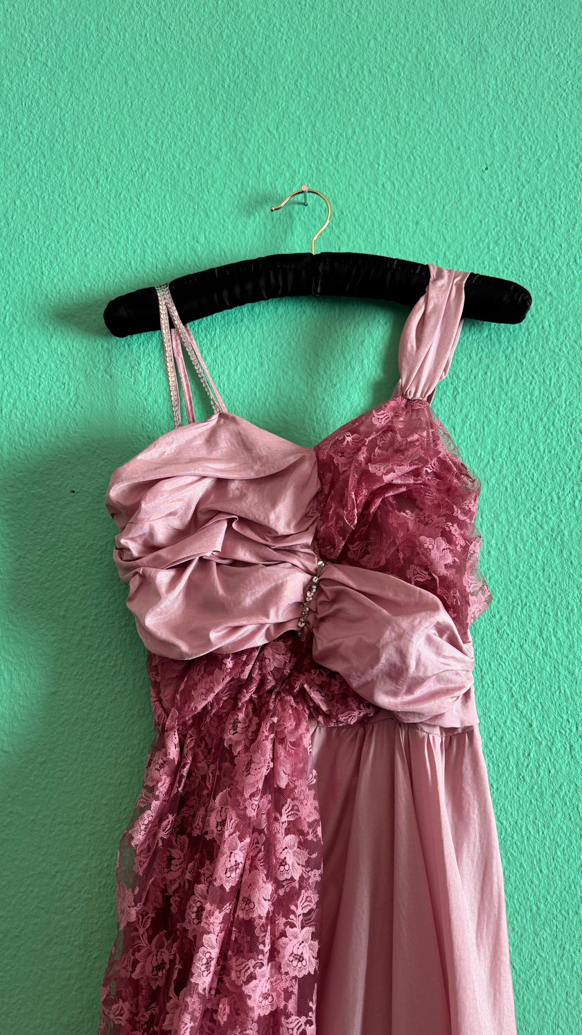 Vintage 1960s Dusty Rose Silk Taffeta & Sheer Lace Dress