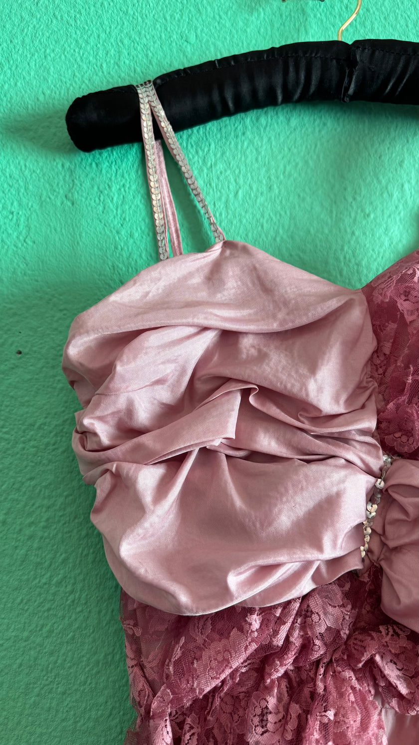 Vintage 1960s Dusty Rose Silk Taffeta & Sheer Lace Dress