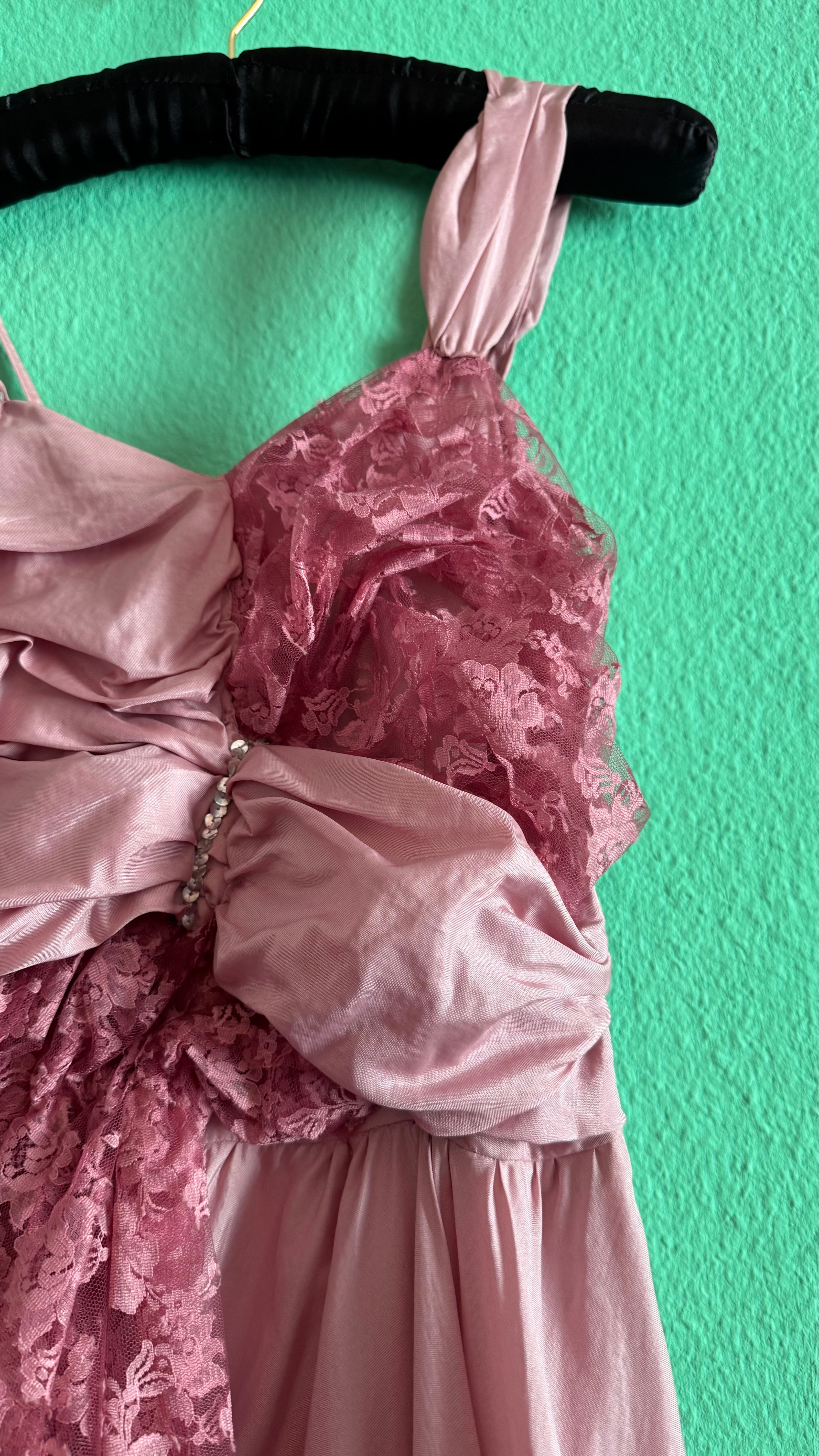 Vintage 1960s Dusty Rose Silk Taffeta & Sheer Lace Dress