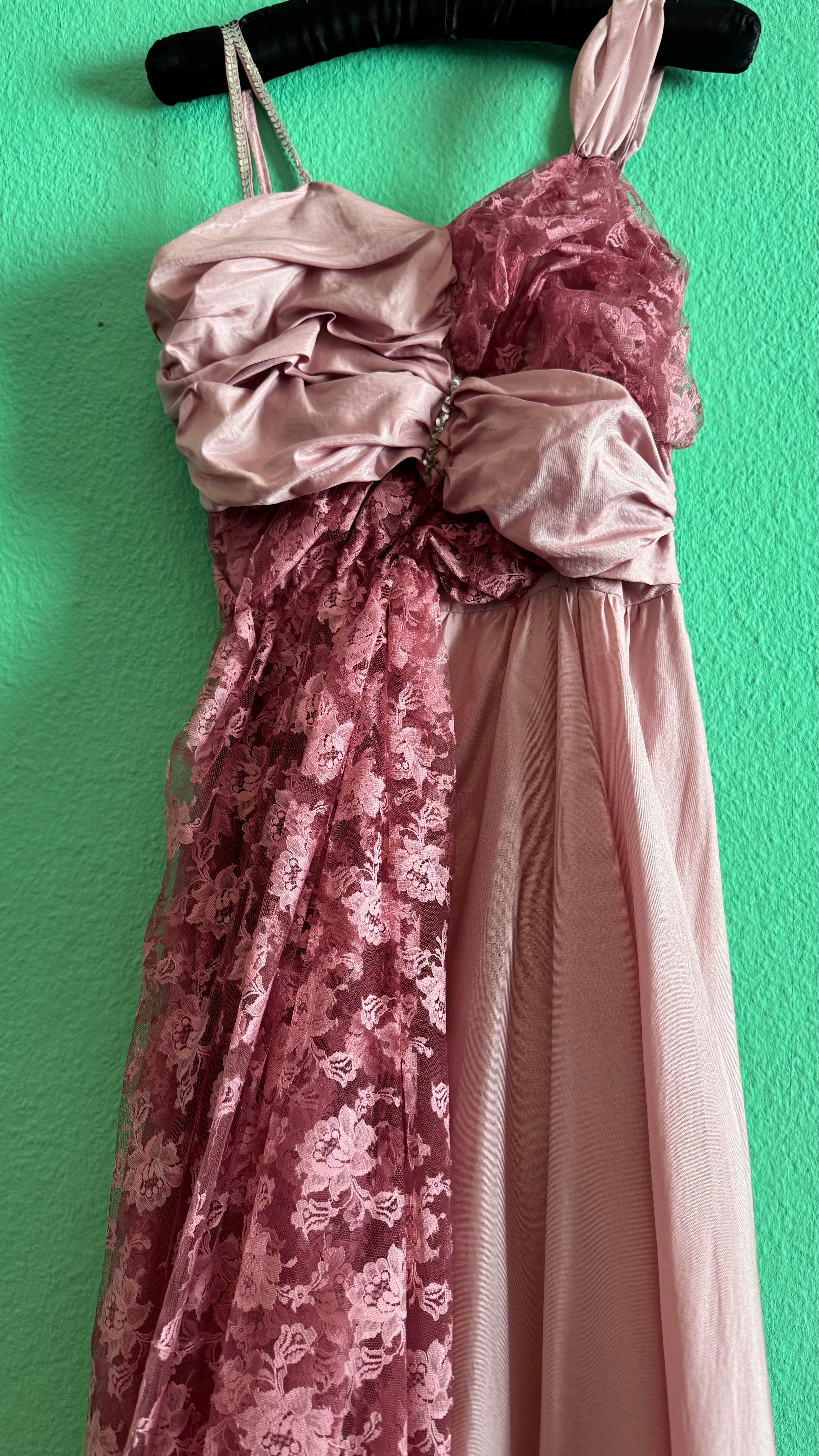 Vintage 1960s Dusty Rose Silk Taffeta & Sheer Lace Dress