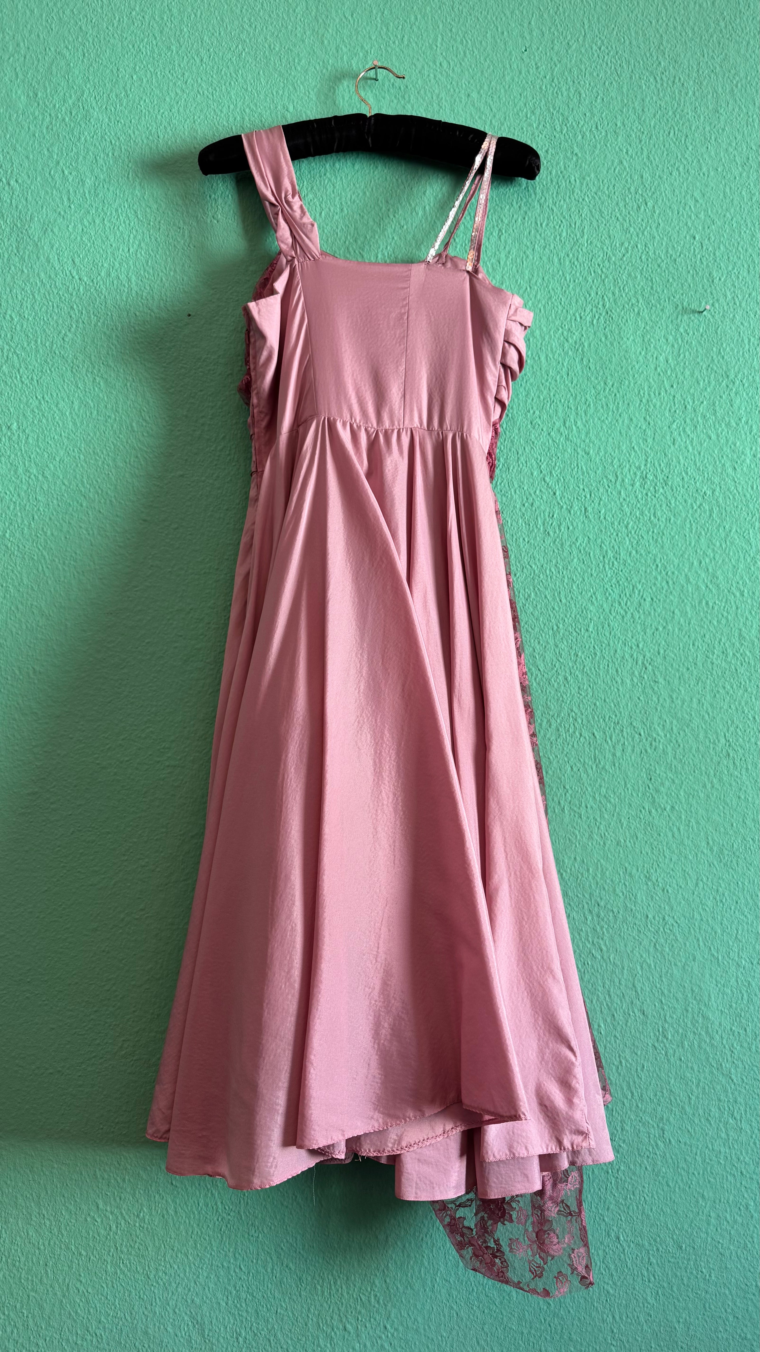 Vintage 1960s Dusty Rose Silk Taffeta & Sheer Lace Dress