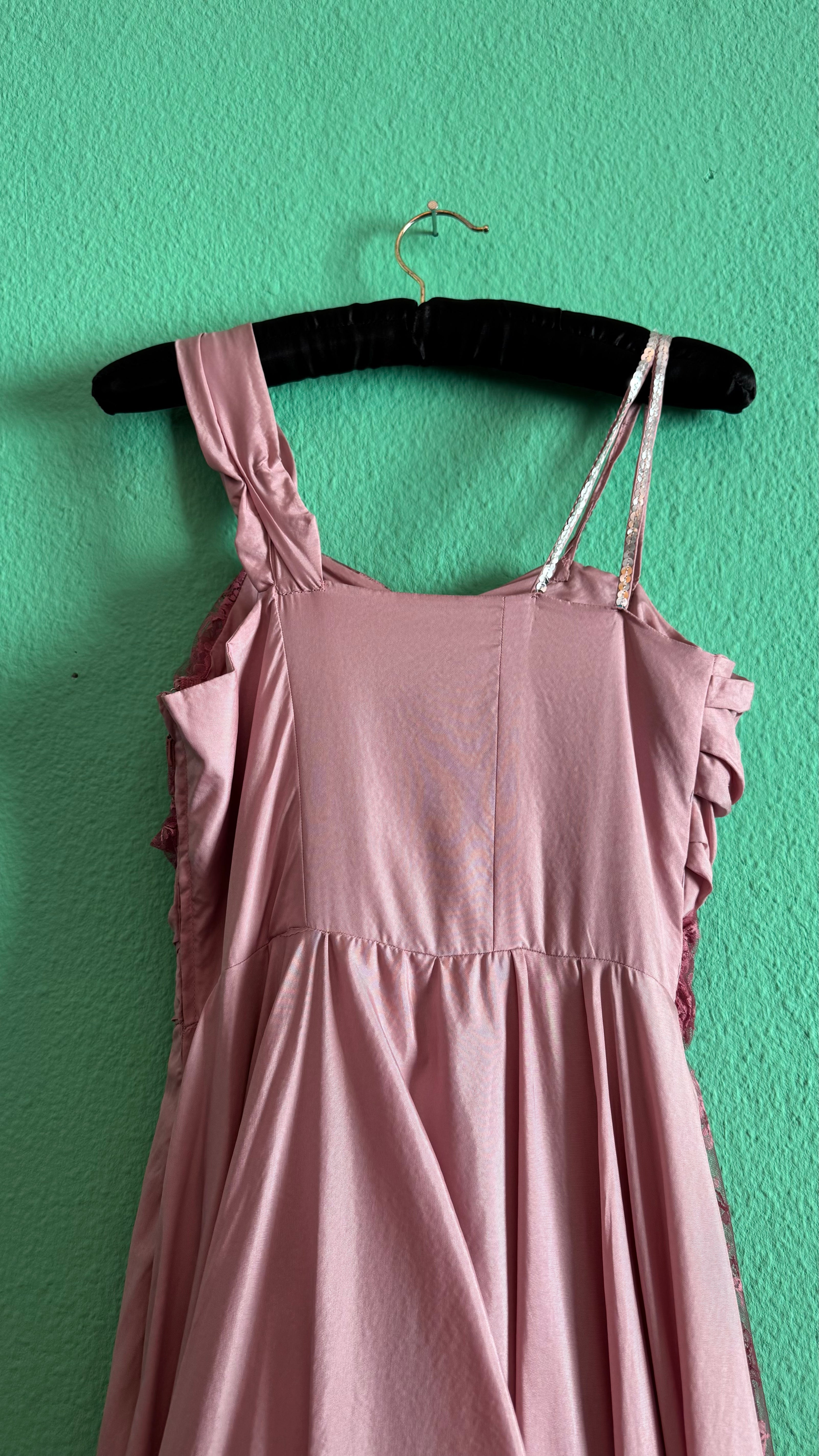 Vintage 1960s Dusty Rose Silk Taffeta & Sheer Lace Dress