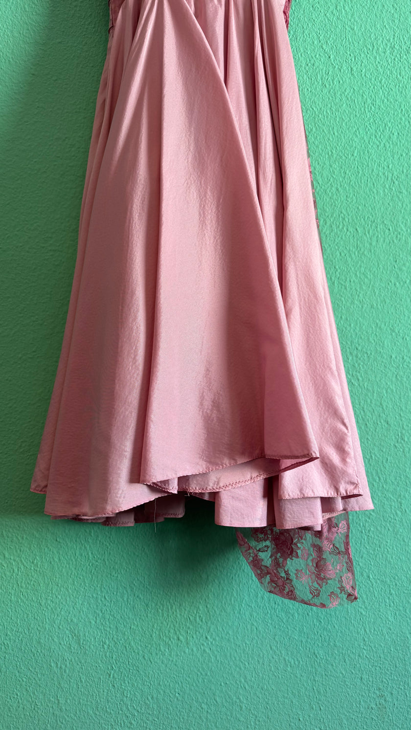 Vintage 1960s Dusty Rose Silk Taffeta & Sheer Lace Dress
