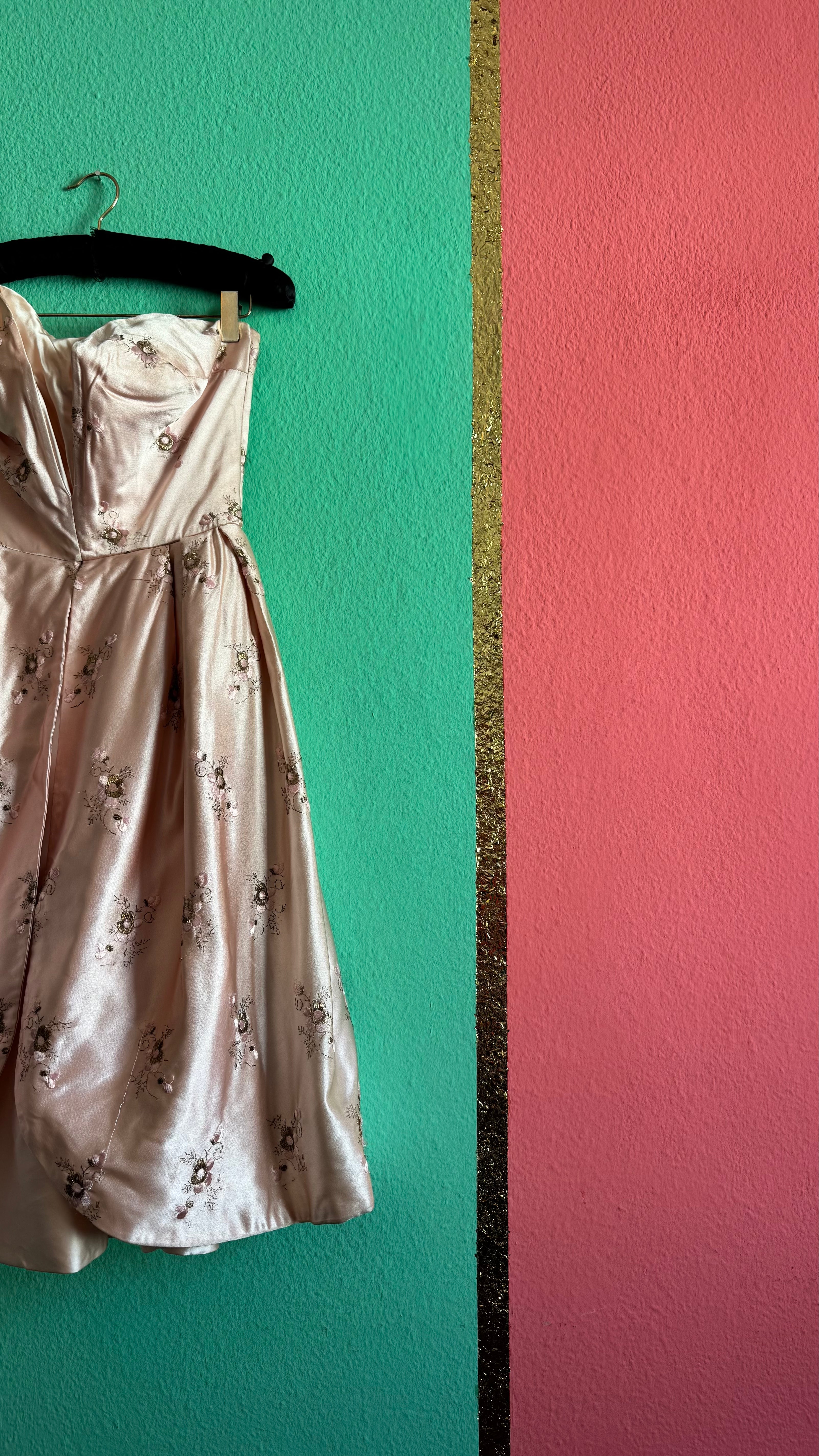 Vintage 1950s-Style Blush Pink Embroidered Silk Satin Dress