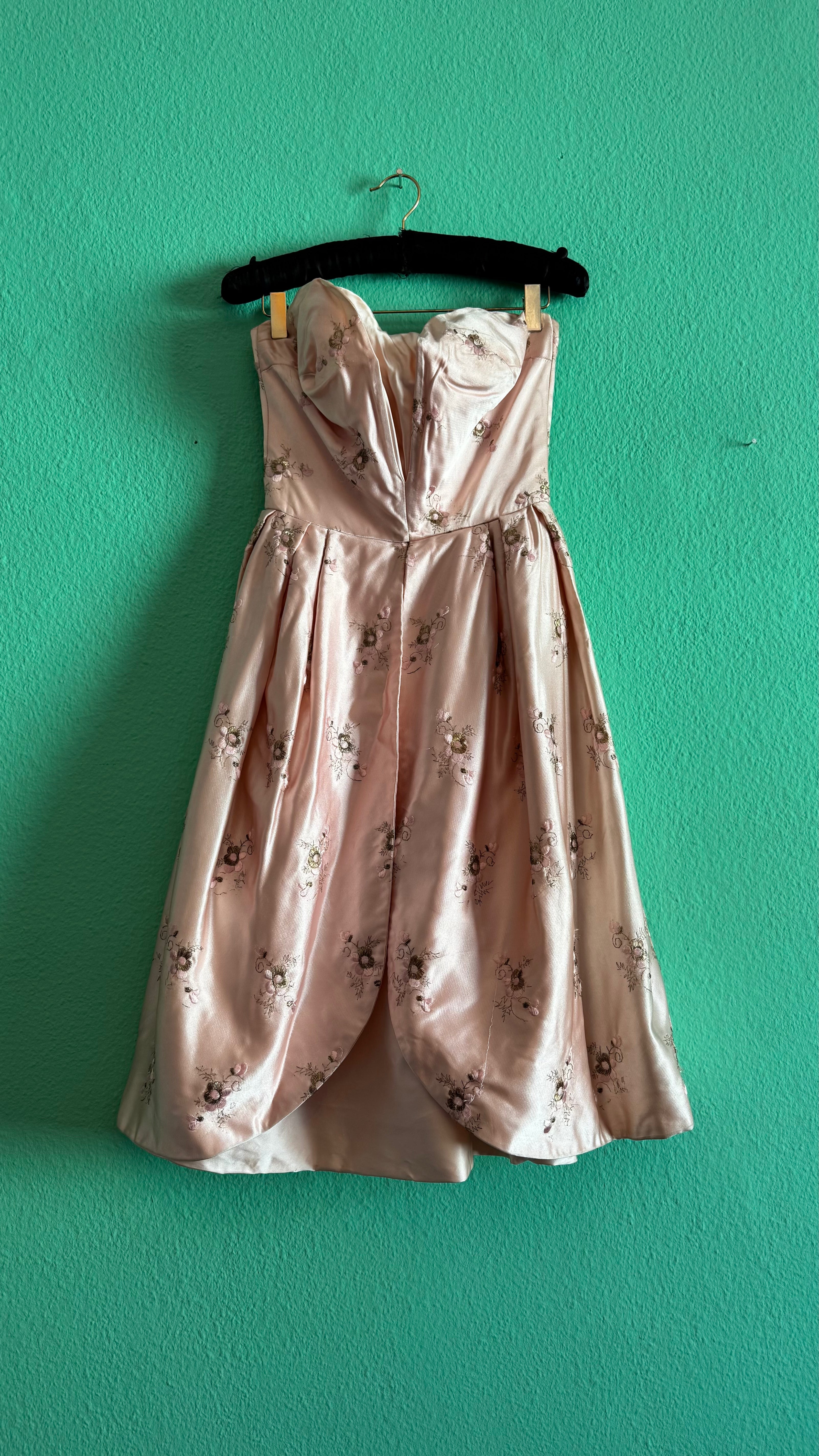Vintage 1950s-Style Blush Pink Embroidered Silk Satin Dress