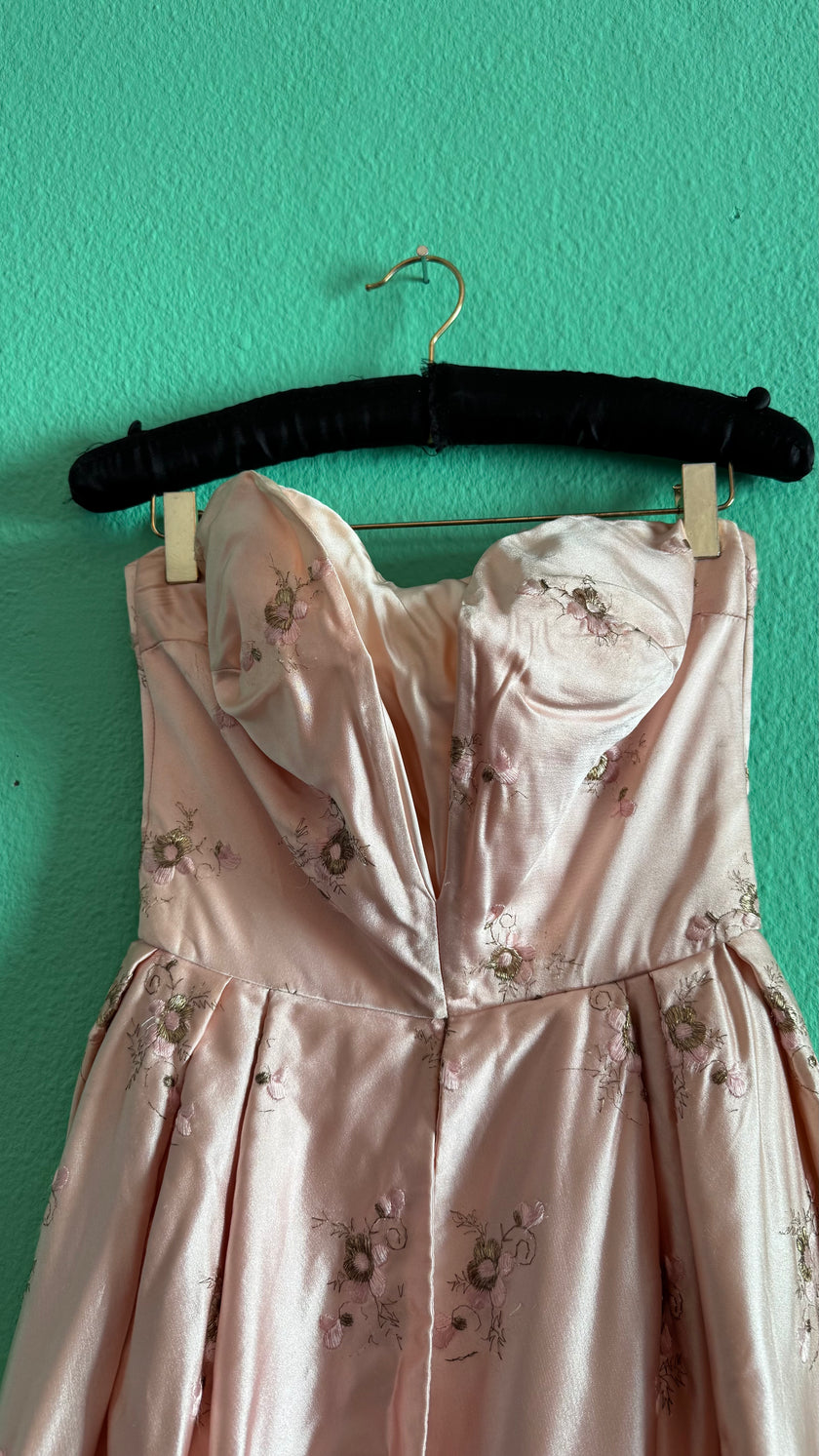 Vintage 1950s-Style Blush Pink Embroidered Silk Satin Dress