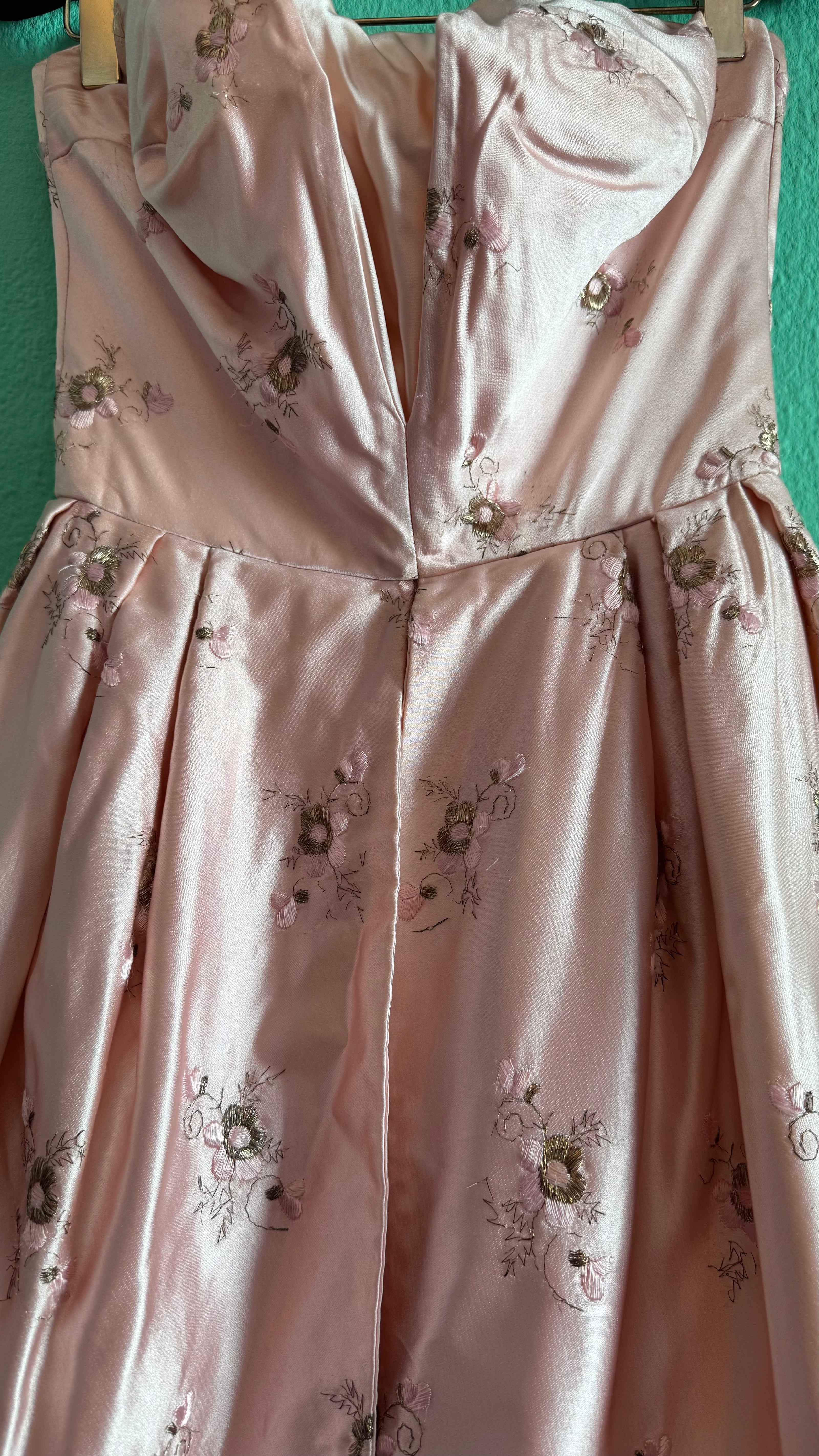 Vintage 1950s-Style Blush Pink Embroidered Silk Satin Dress