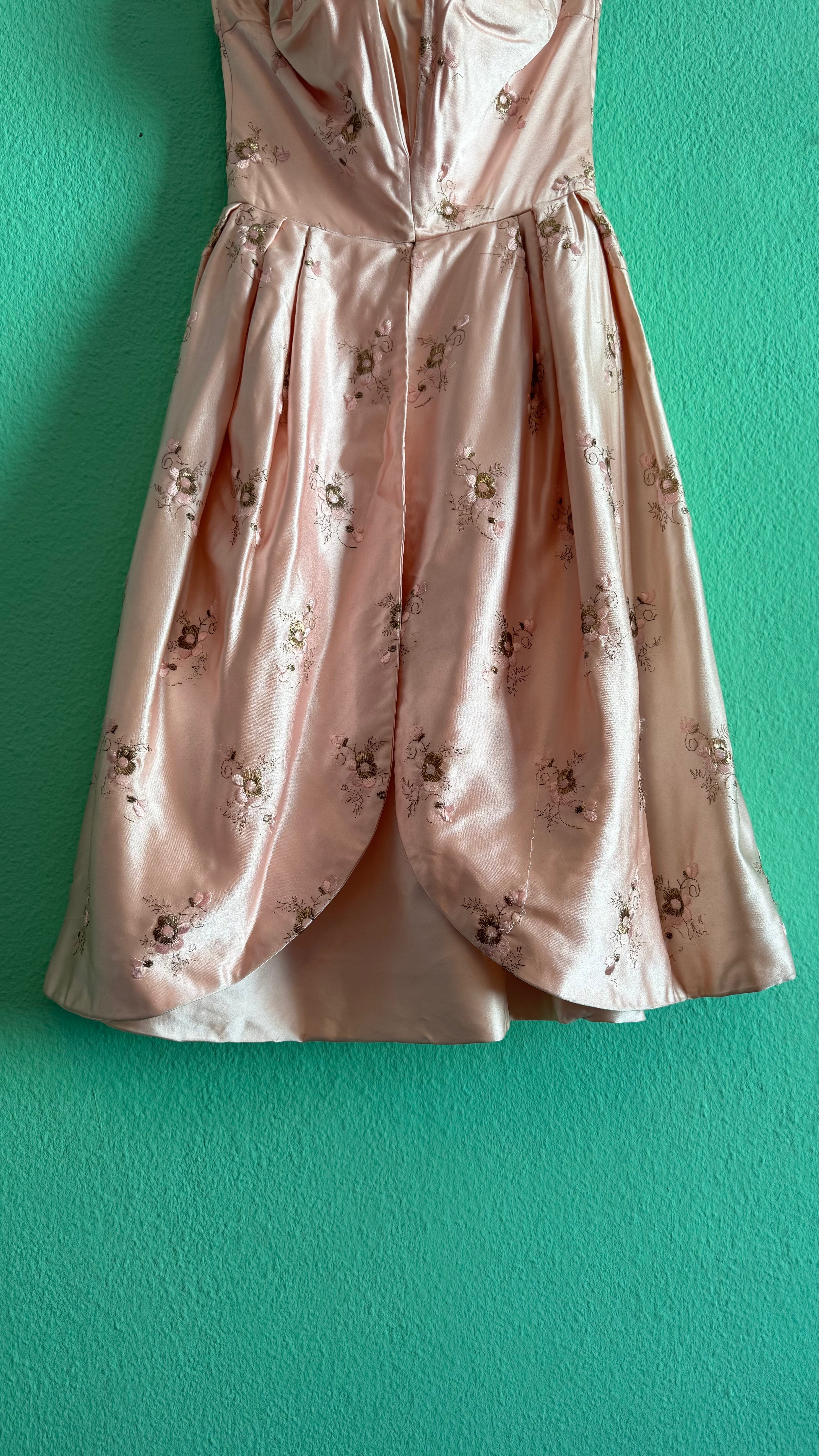 Vintage 1950s-Style Blush Pink Embroidered Silk Satin Dress