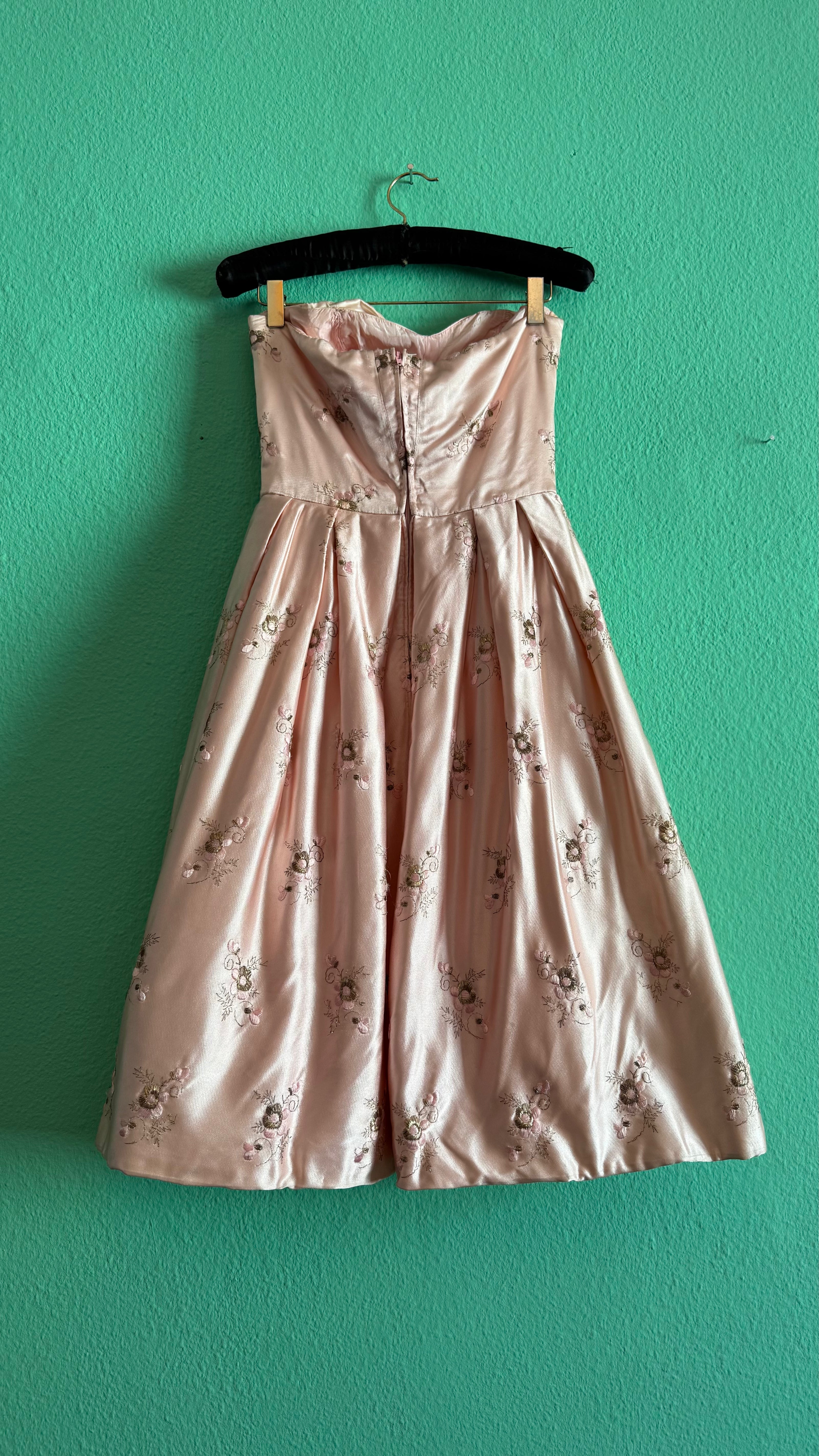 Vintage 1950s-Style Blush Pink Embroidered Silk Satin Dress
