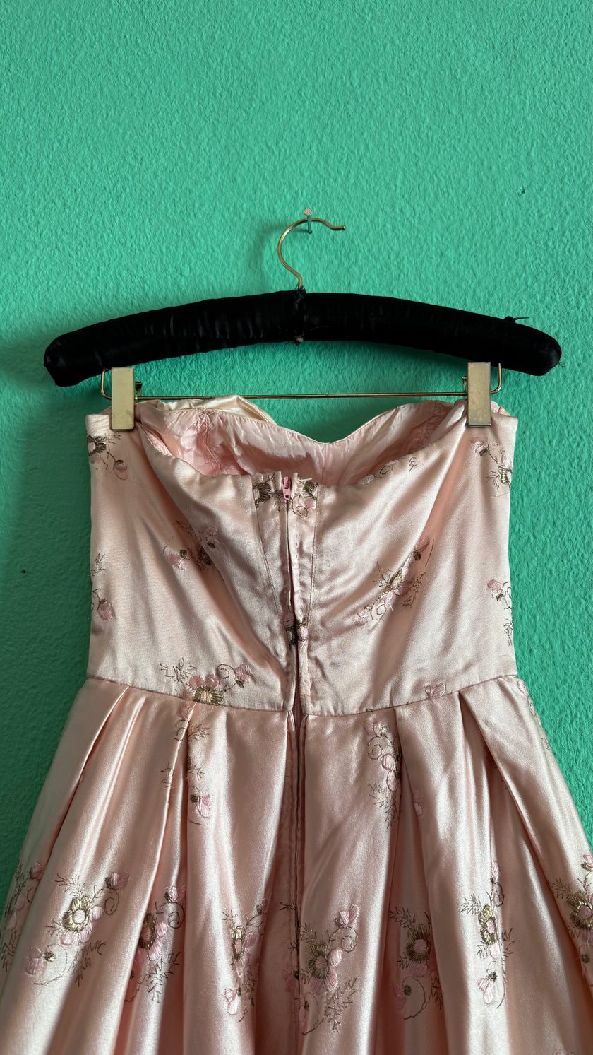 Vintage 1950s-Style Blush Pink Embroidered Silk Satin Dress