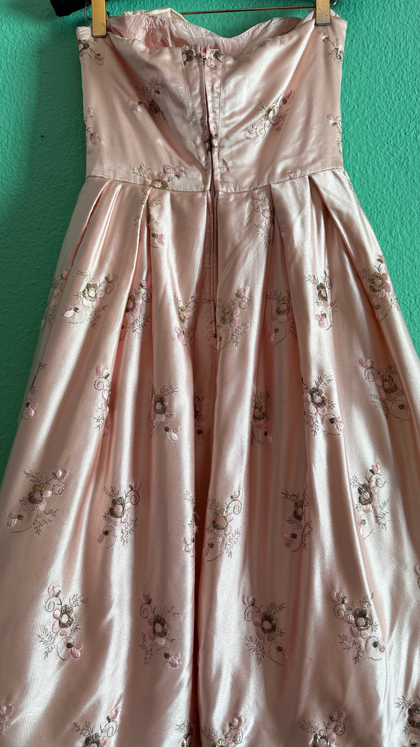 Vintage 1950s-Style Blush Pink Embroidered Silk Satin Dress