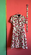 Vintage 1950s Ivory Pink Rose Print Dress with Matching Belt