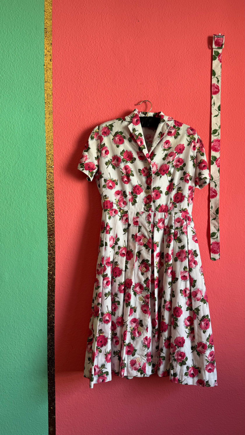 Vintage 1950s Ivory Pink Rose Print Dress with Matching Belt