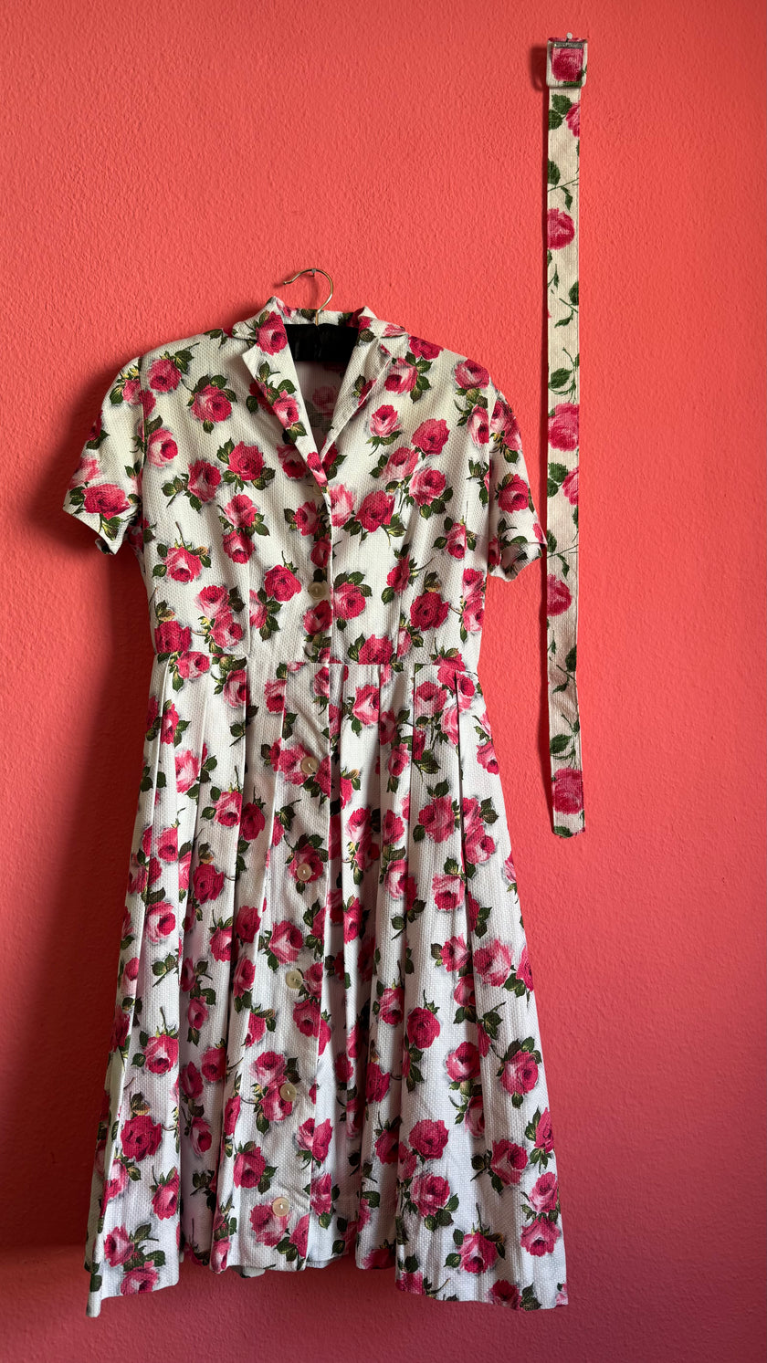 Vintage 1950s Ivory Pink Rose Print Dress with Matching Belt