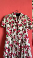 Vintage 1950s Ivory Pink Rose Print Dress with Matching Belt