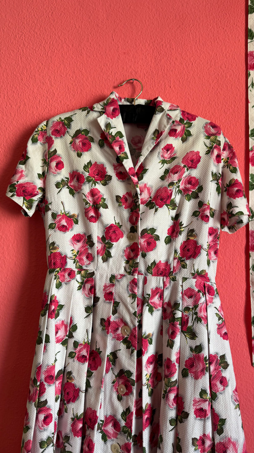 Vintage 1950s Ivory Pink Rose Print Dress with Matching Belt