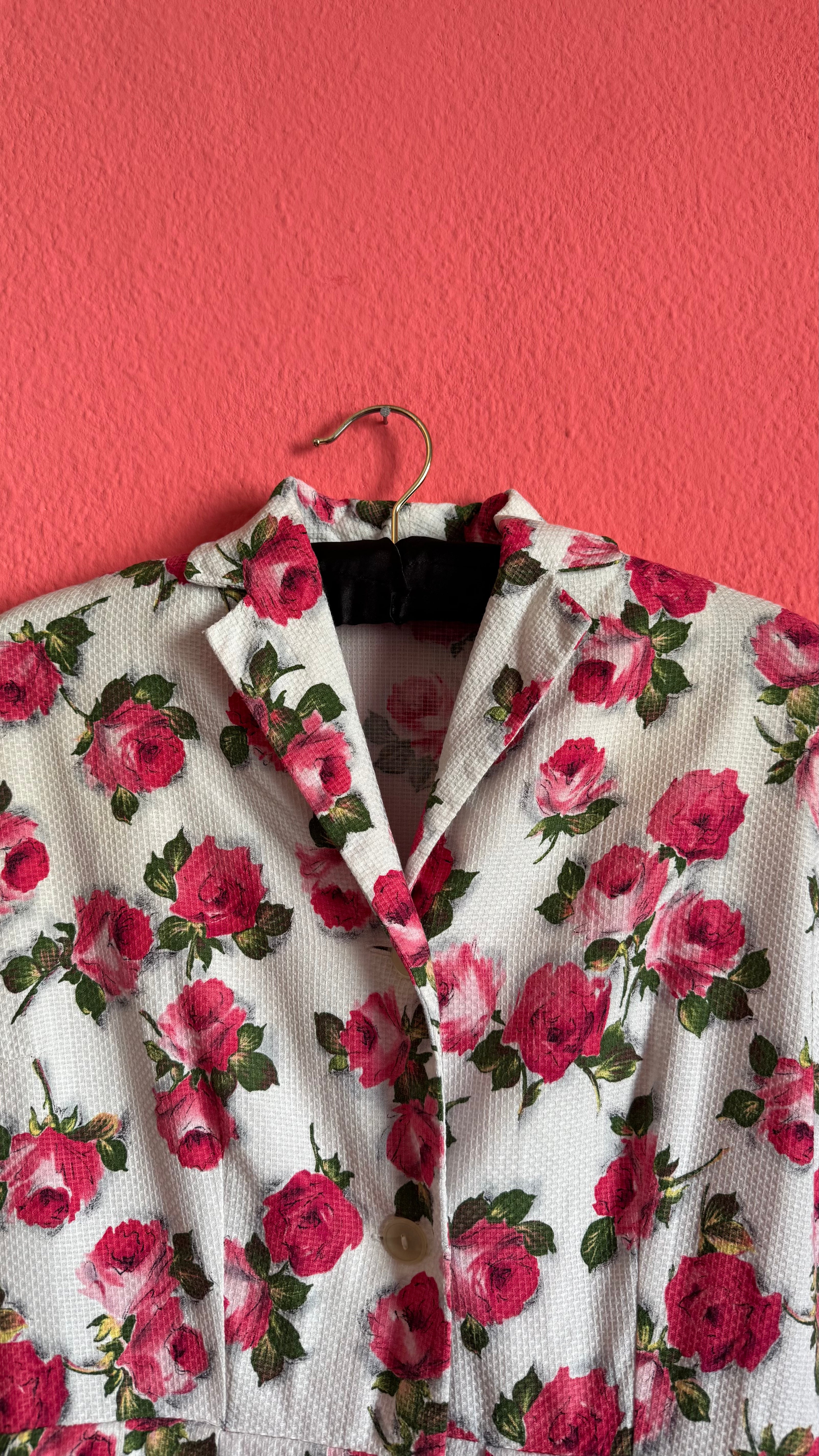 Vintage 1950s Ivory Pink Rose Print Dress with Matching Belt