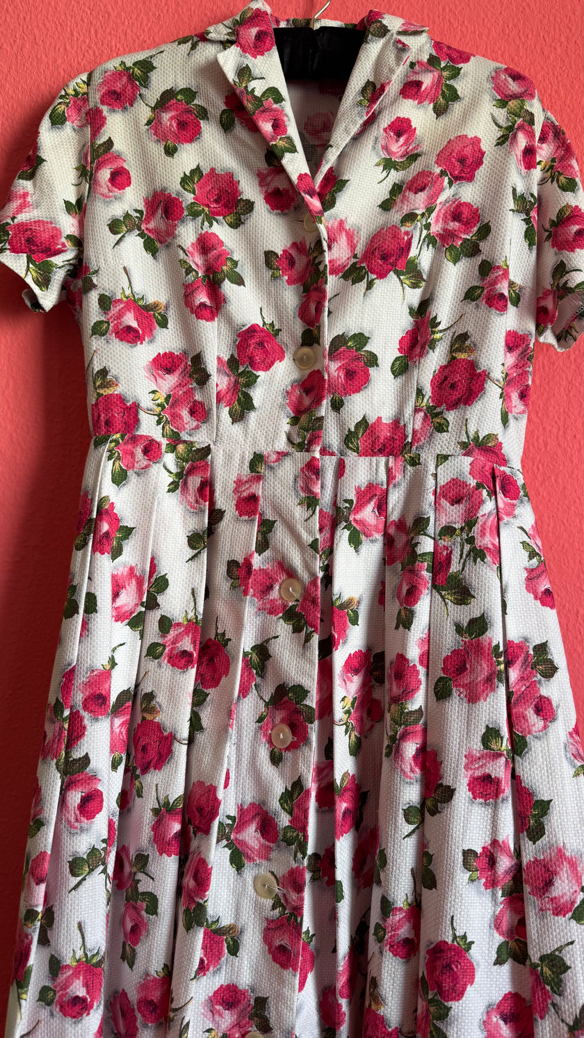 Vintage 1950s Ivory Pink Rose Print Dress with Matching Belt