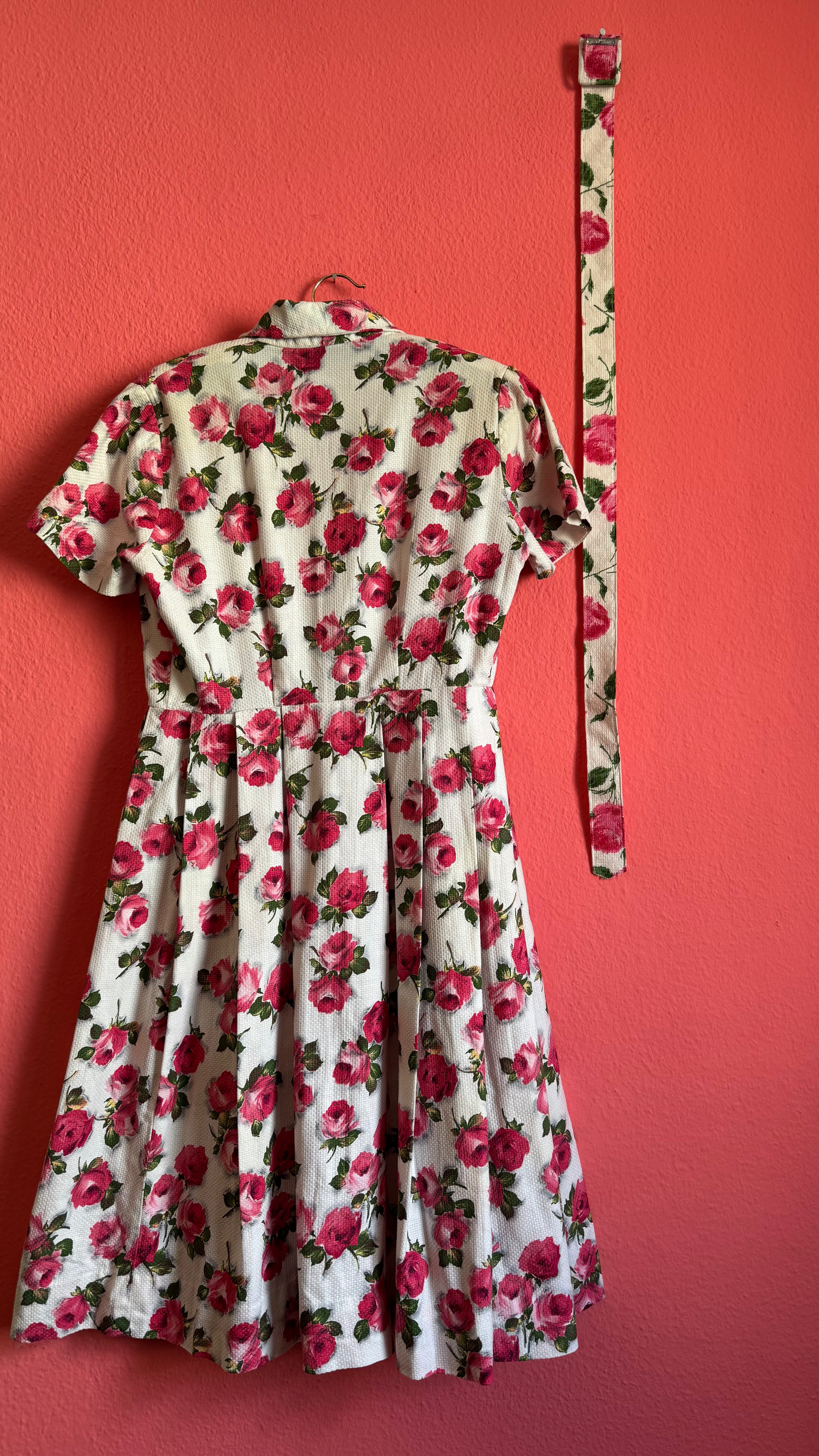 Vintage 1950s Ivory Pink Rose Print Dress with Matching Belt