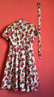 Vintage 1950s Ivory Pink Rose Print Dress with Matching Belt