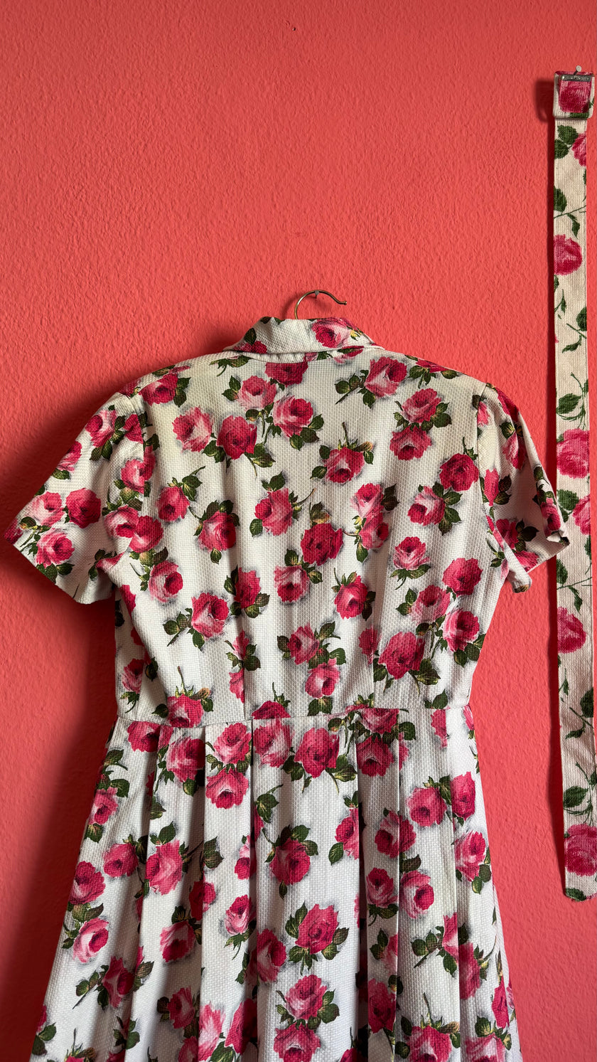 Vintage 1950s Ivory Pink Rose Print Dress with Matching Belt