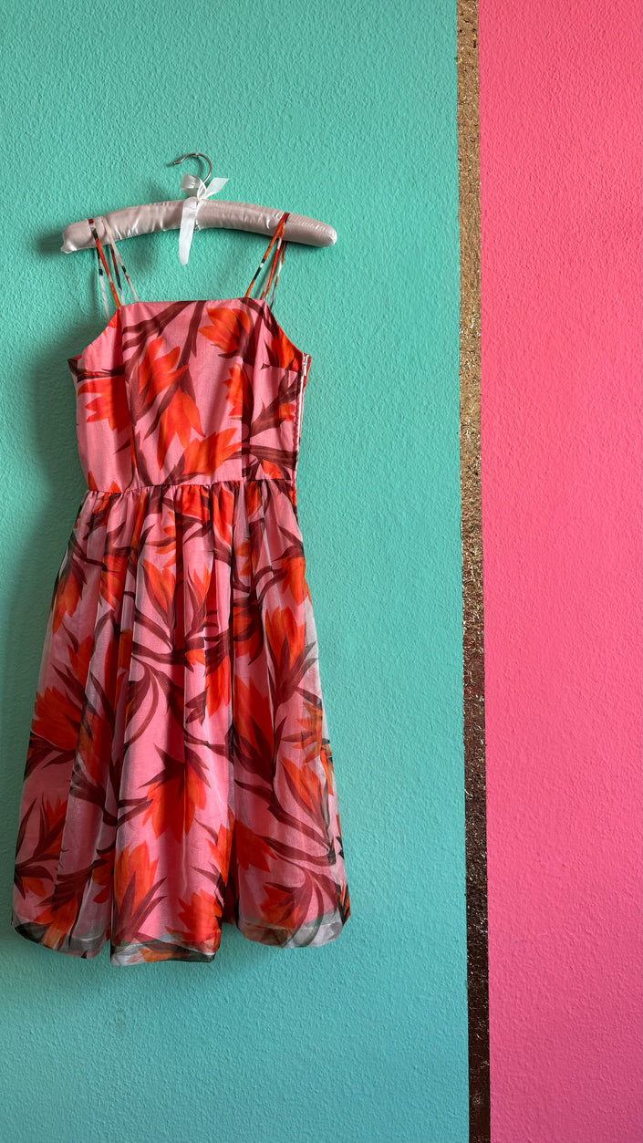 Vintage 1970s-Style Marschner Pink & Orange Botanical Print Dress