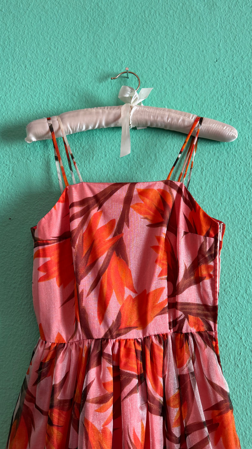 Vintage 1970s-Style Marschner Pink & Orange Botanical Print Dress
