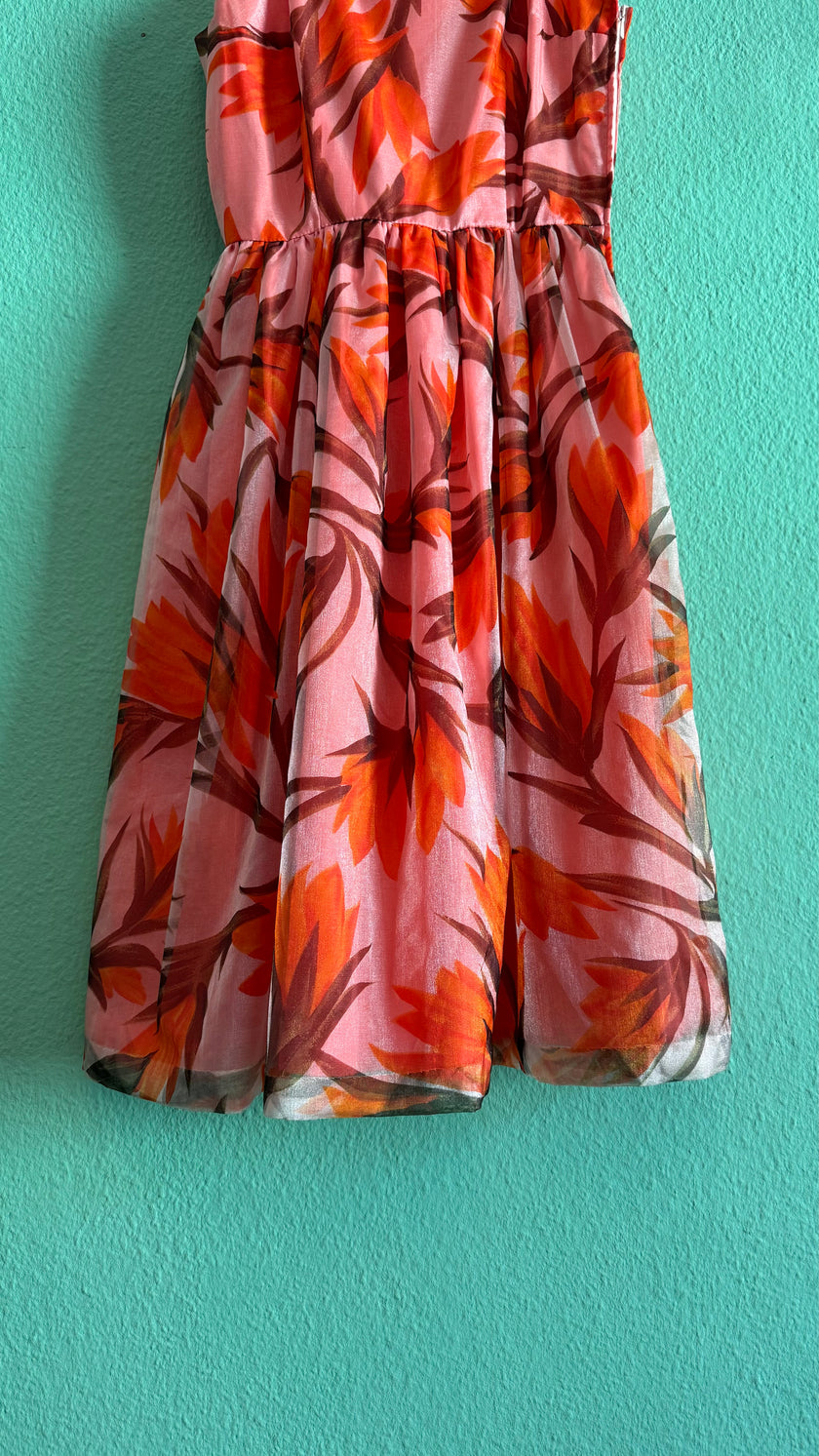 Vintage 1970s-Style Marschner Pink & Orange Botanical Print Dress