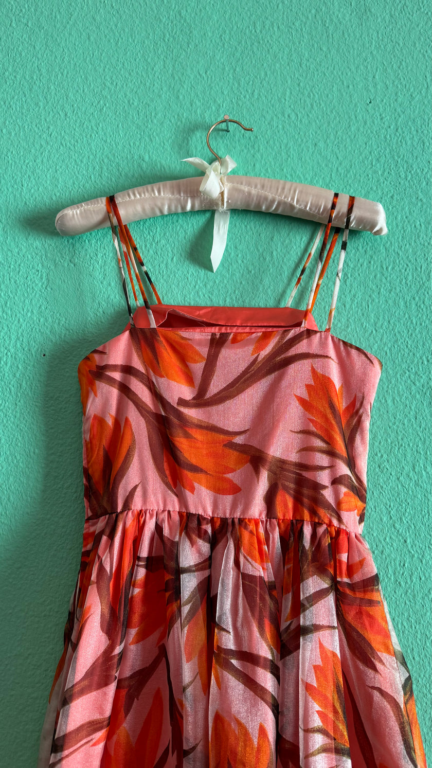 Vintage 1970s-Style Marschner Pink & Orange Botanical Print Dress