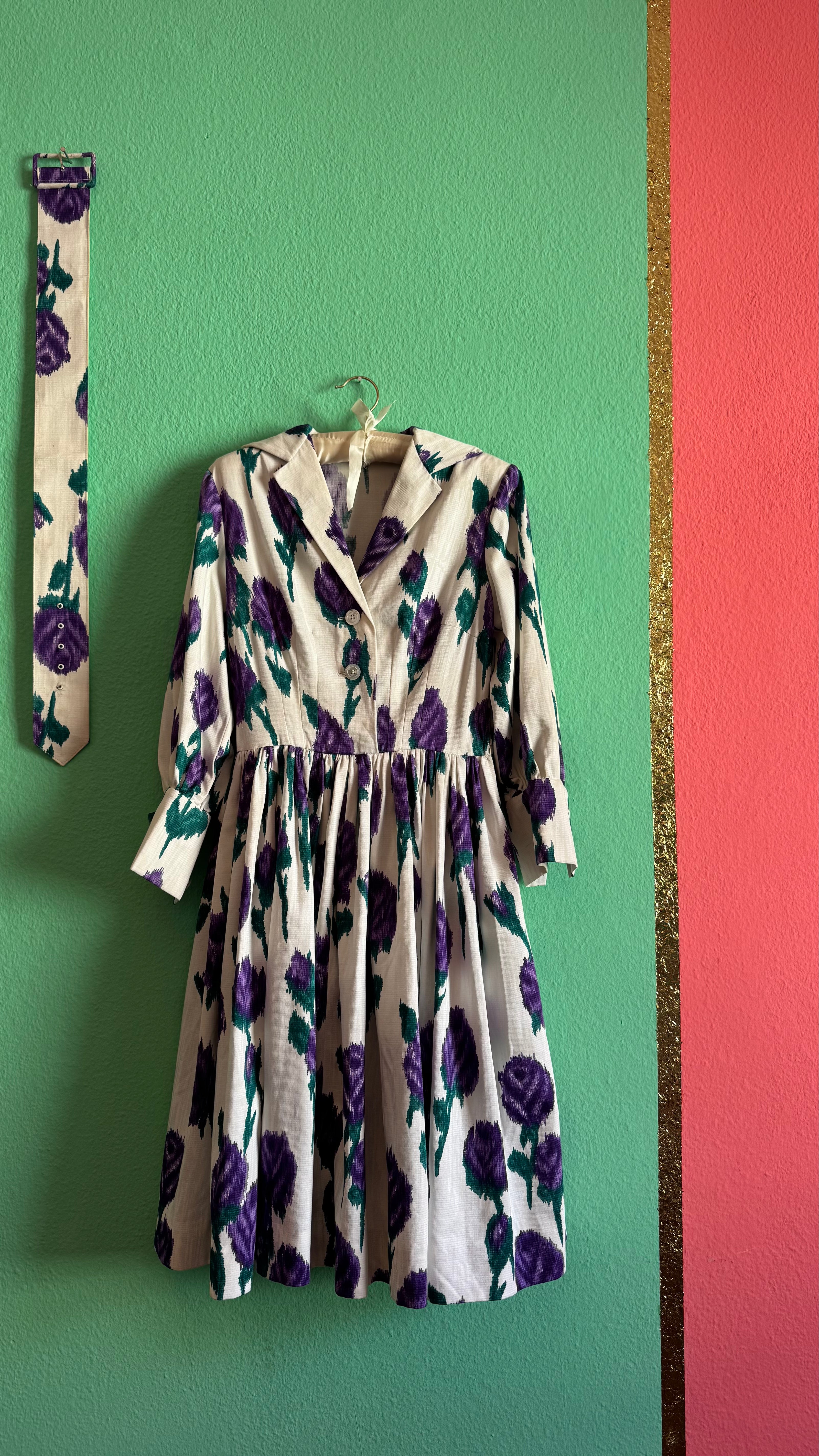 Vintage 1950s Ivory Cotton Dress with Purple Floral Print & Matching Belt