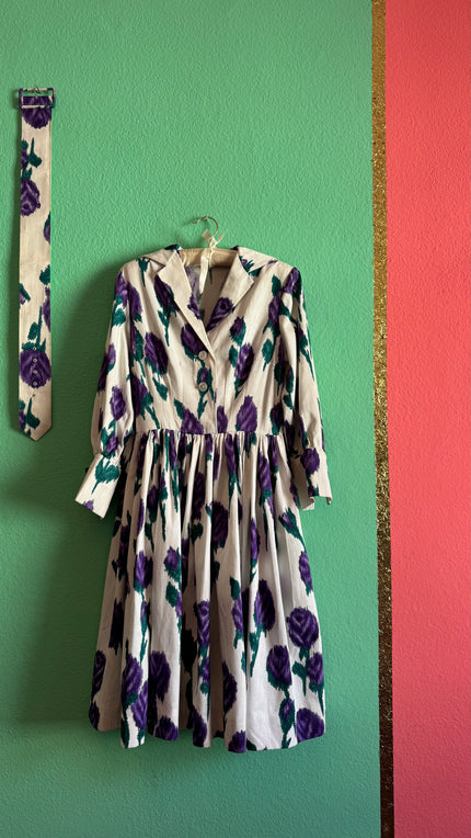 Vintage 1950s Ivory Cotton Dress with Purple Floral Print & Matching Belt