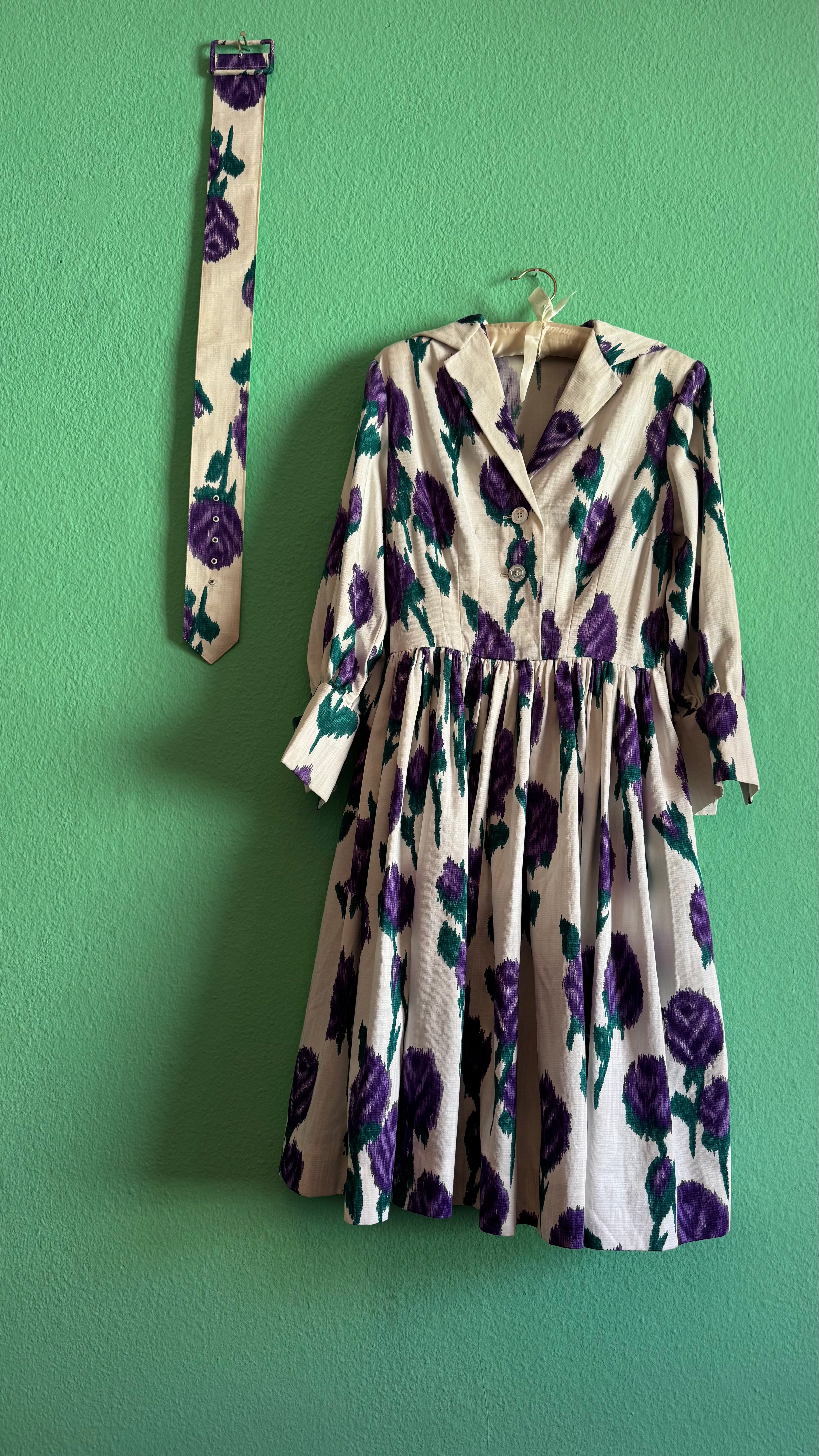 Vintage 1950s Ivory Cotton Dress with Purple Floral Print & Matching Belt