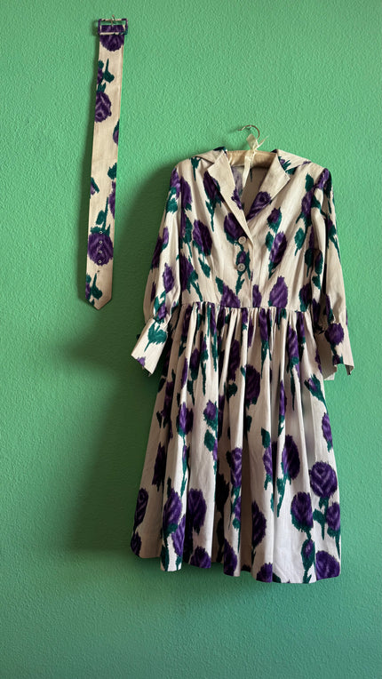 Vintage 1950s Ivory Cotton Dress with Purple Floral Print & Matching Belt