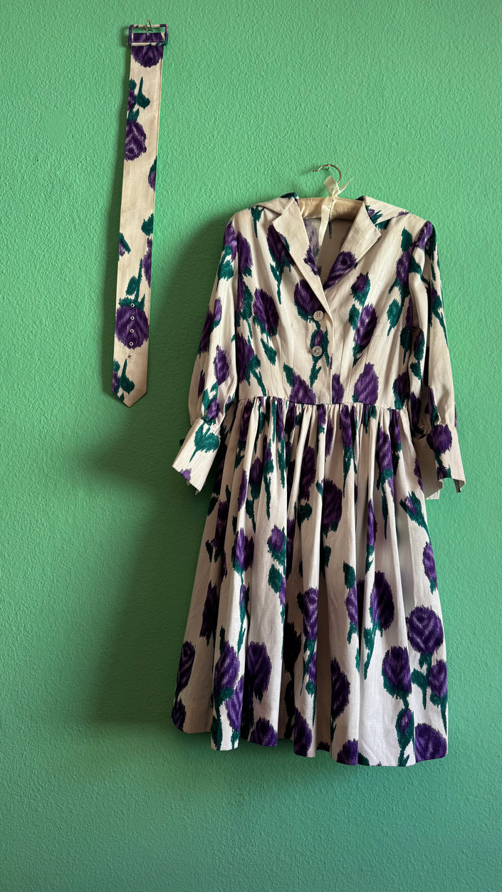 Vintage 1950s Ivory Cotton Dress with Purple Floral Print & Matching Belt
