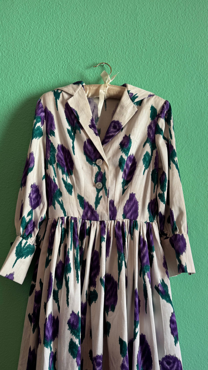 Vintage 1950s Ivory Cotton Dress with Purple Floral Print & Matching Belt