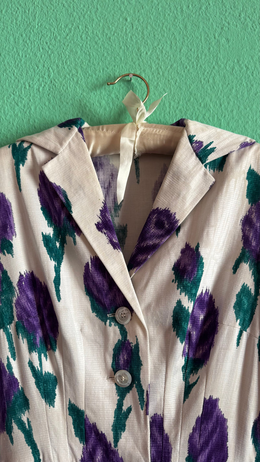 Vintage 1950s Ivory Cotton Dress with Purple Floral Print & Matching Belt