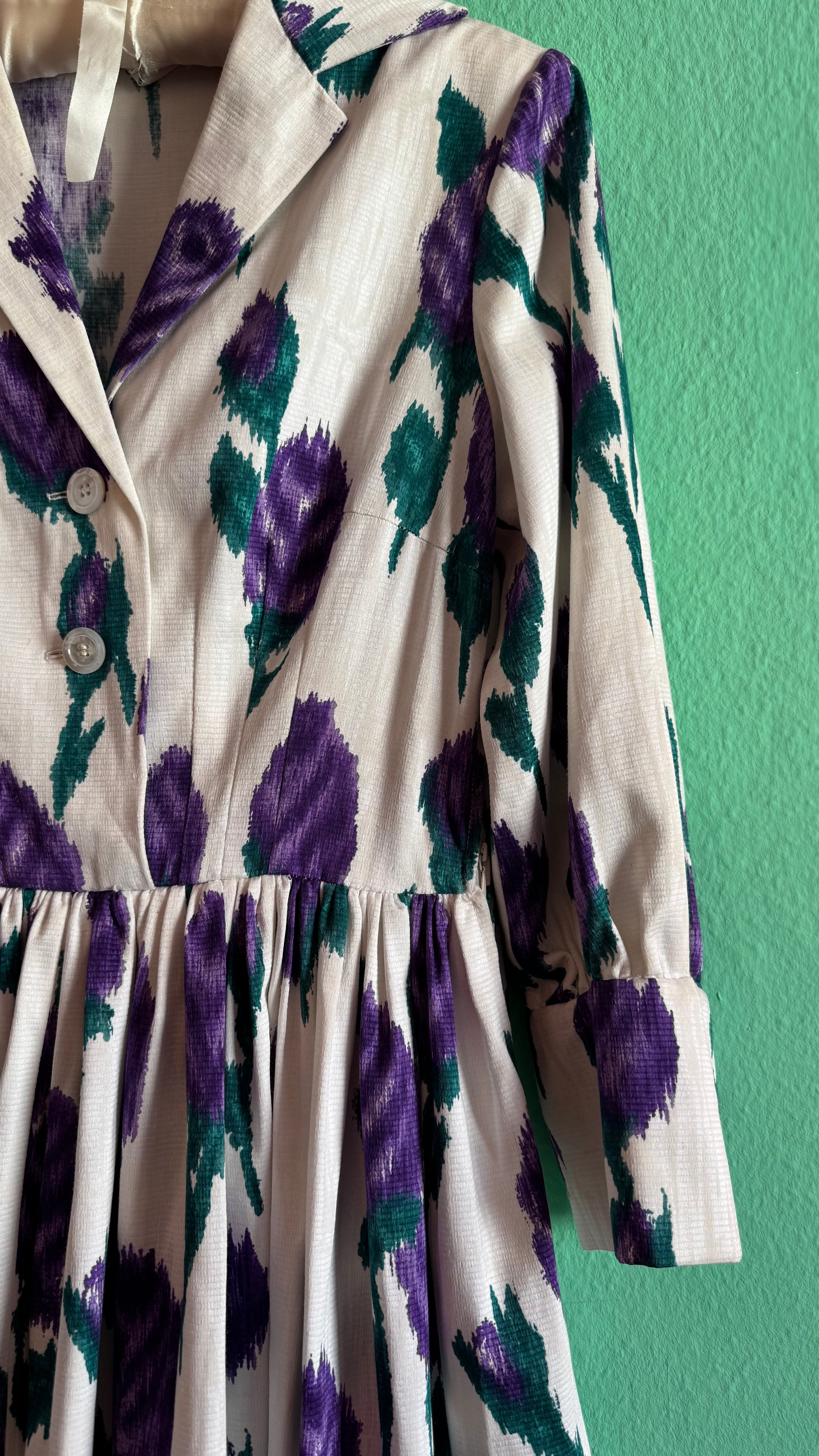 Vintage 1950s Ivory Cotton Dress with Purple Floral Print & Matching Belt