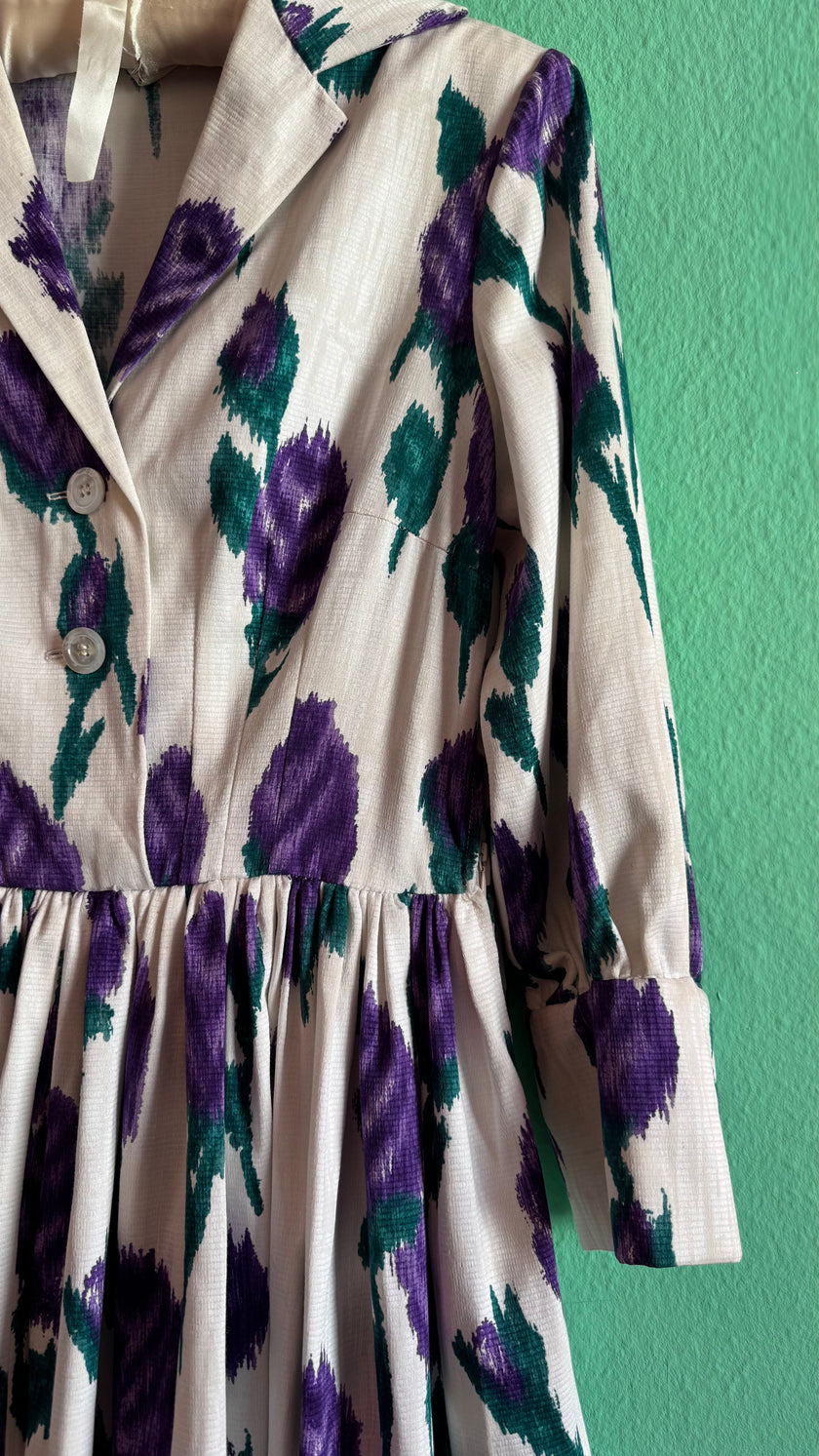 Vintage 1950s Ivory Cotton Dress with Purple Floral Print & Matching Belt
