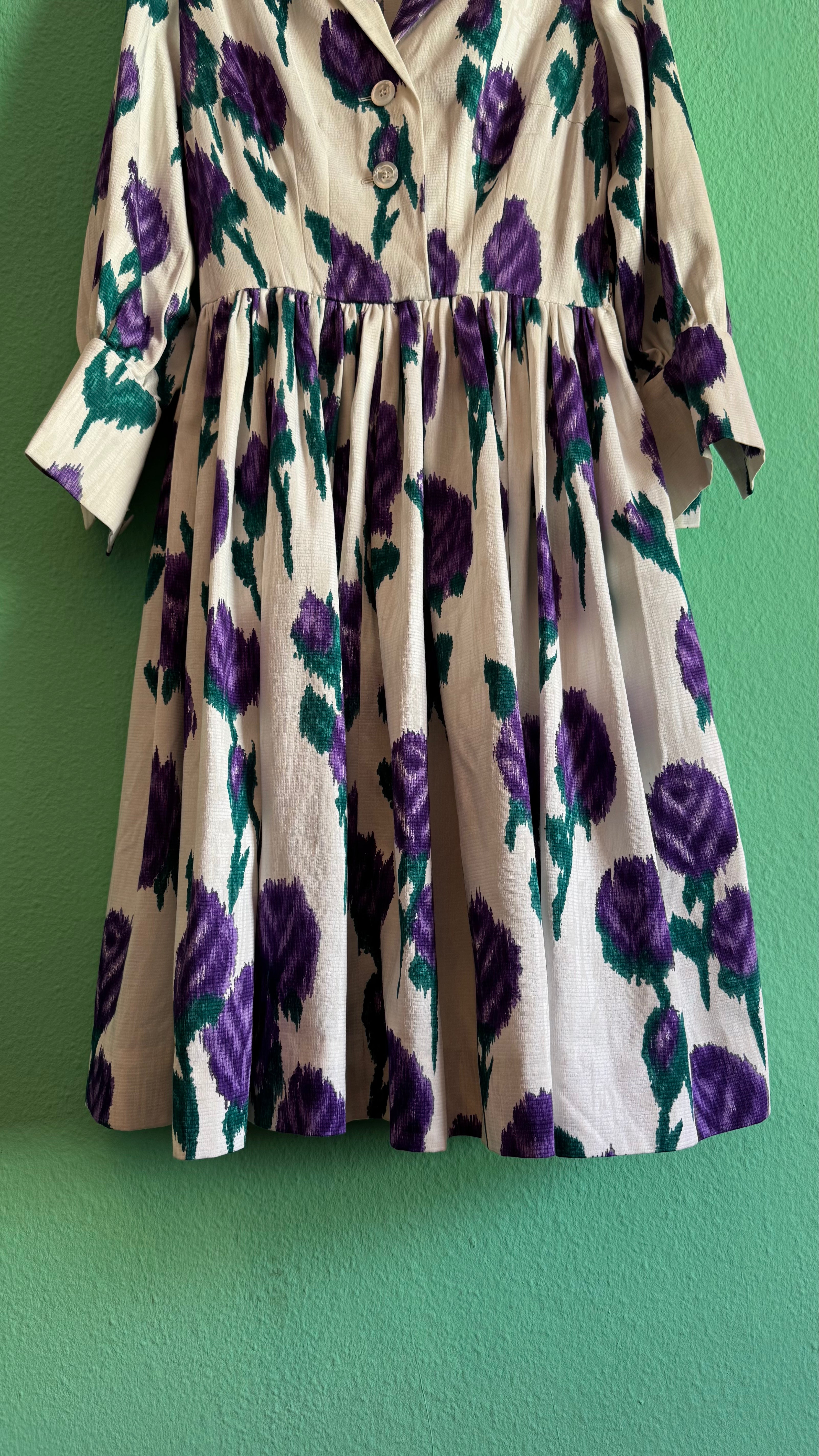 Vintage 1950s Ivory Cotton Dress with Purple Floral Print & Matching Belt