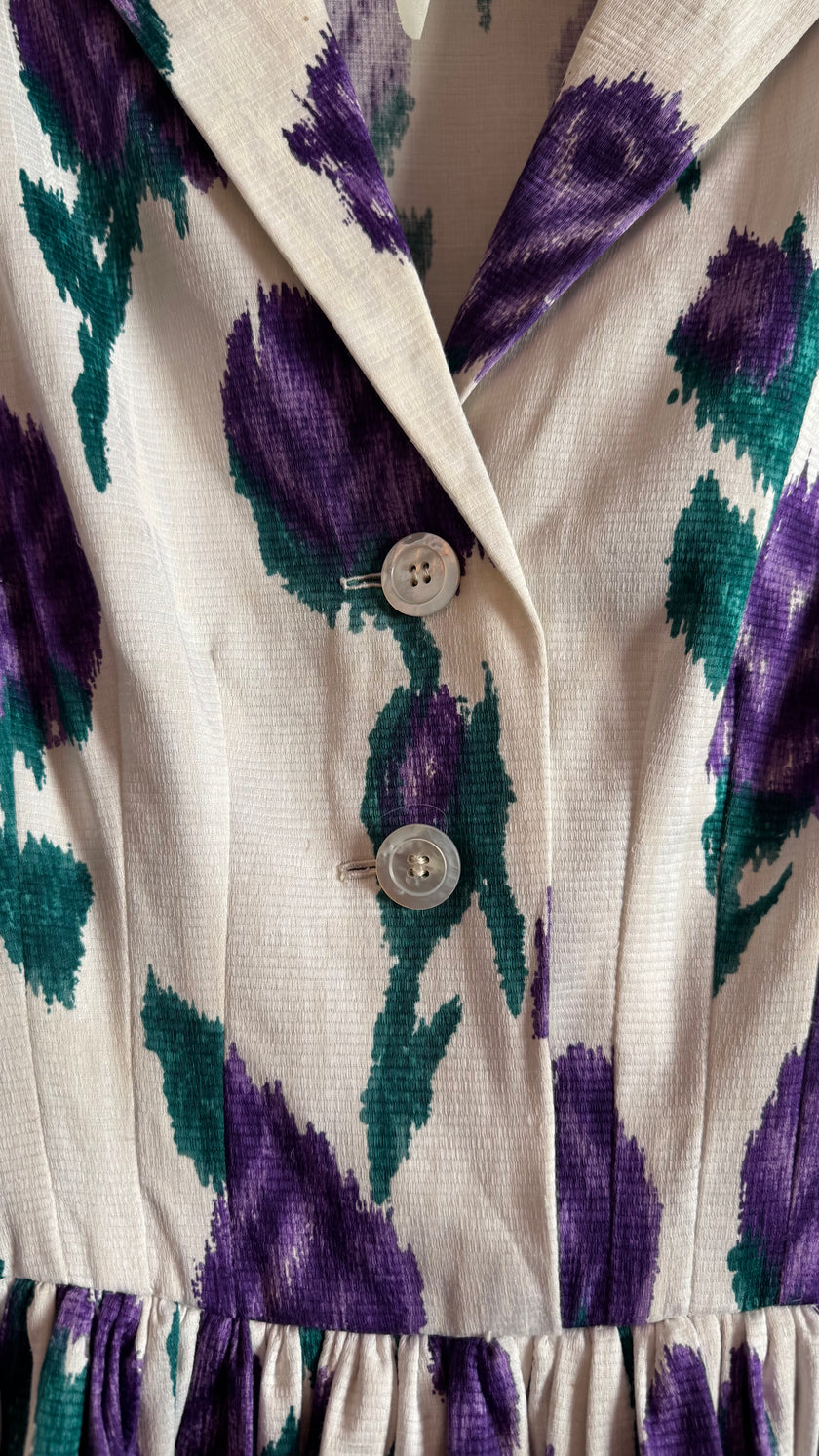 Vintage 1950s Ivory Cotton Dress with Purple Floral Print & Matching Belt