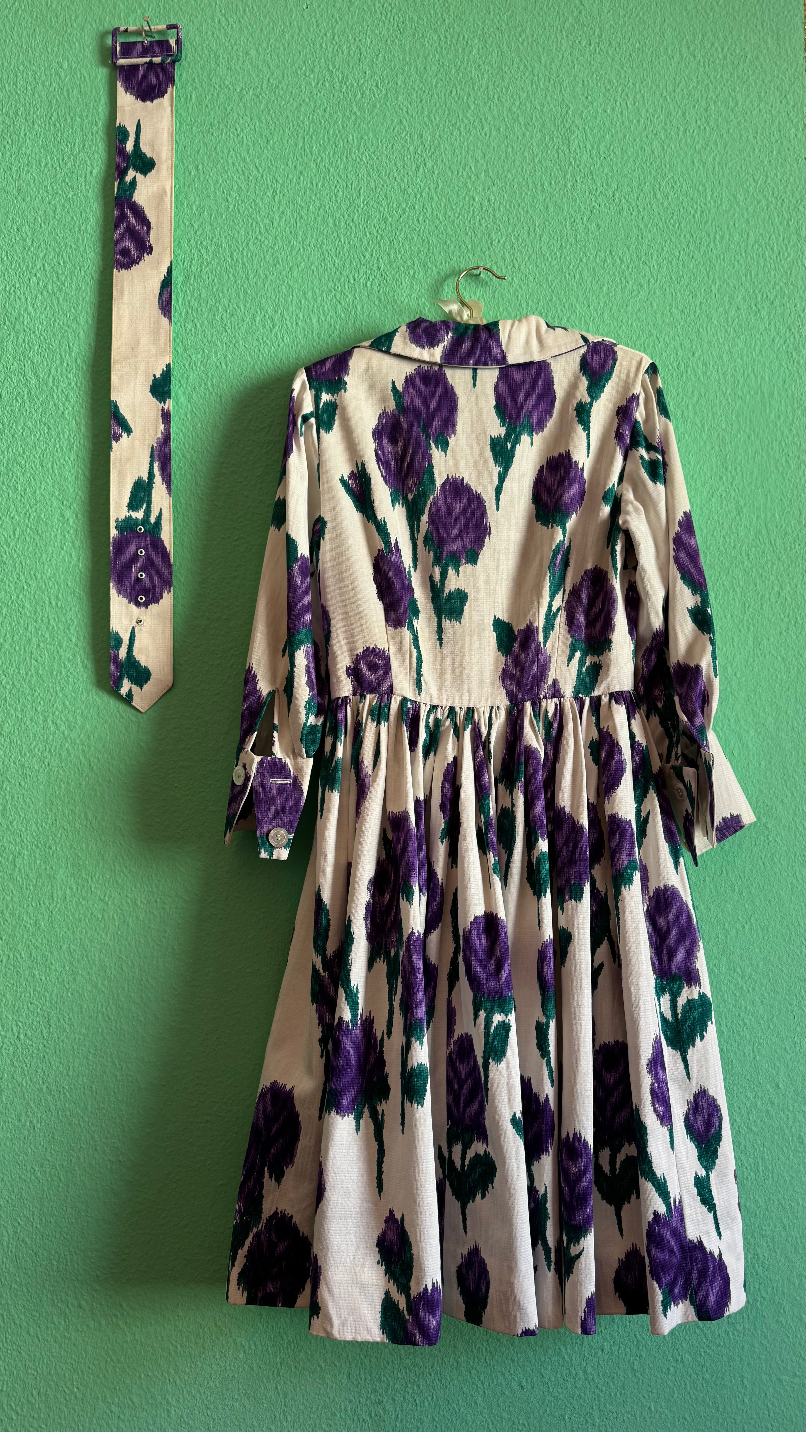 Vintage 1950s Ivory Cotton Dress with Purple Floral Print & Matching Belt